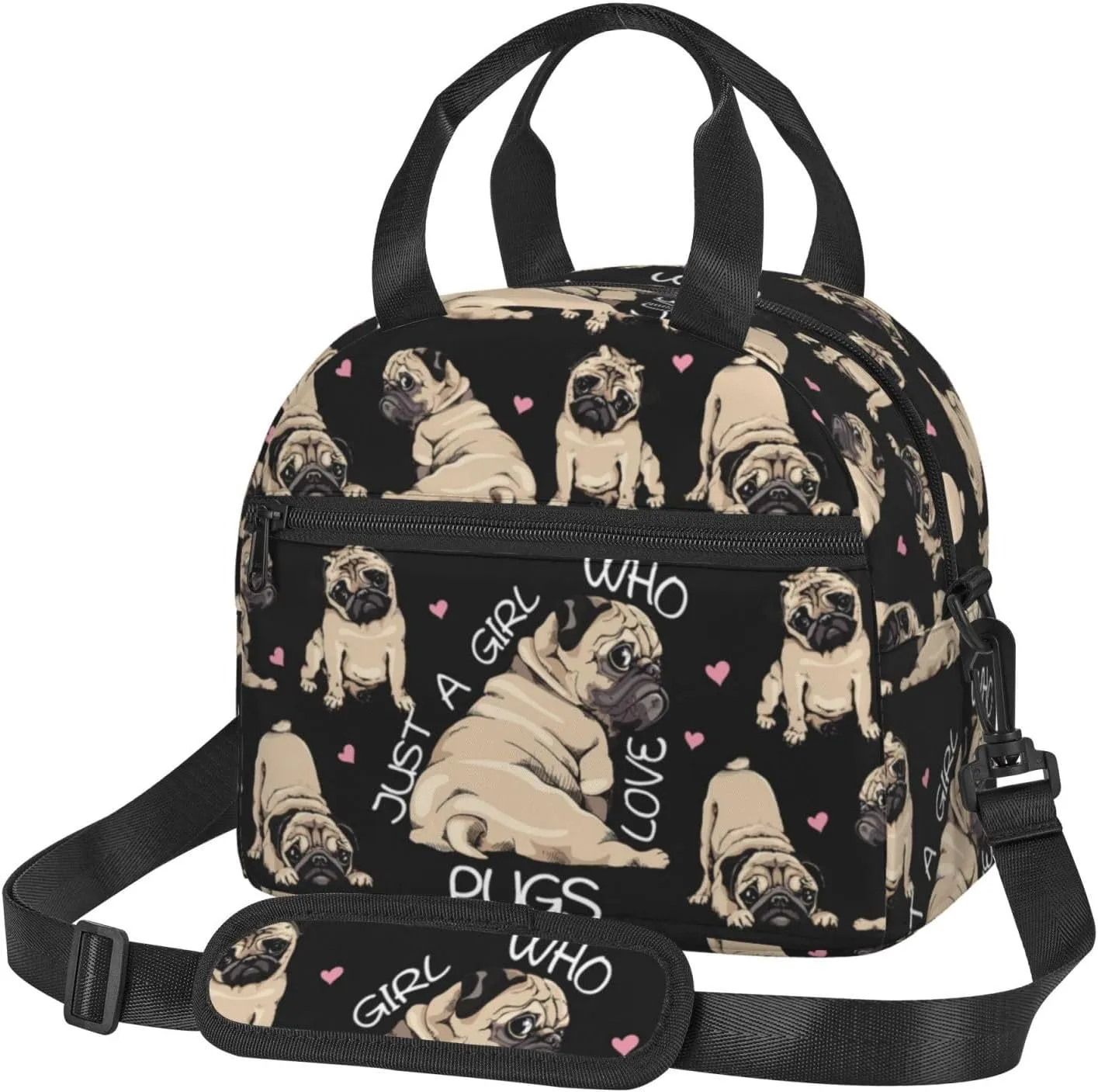 MOLAIGIN Just Girl Cute Pug Funny Dog Love Insulated Lunch With Adjustable Shoulder Strap Bag Reusable Lunch Box Cooler Tote Bag For Men Women