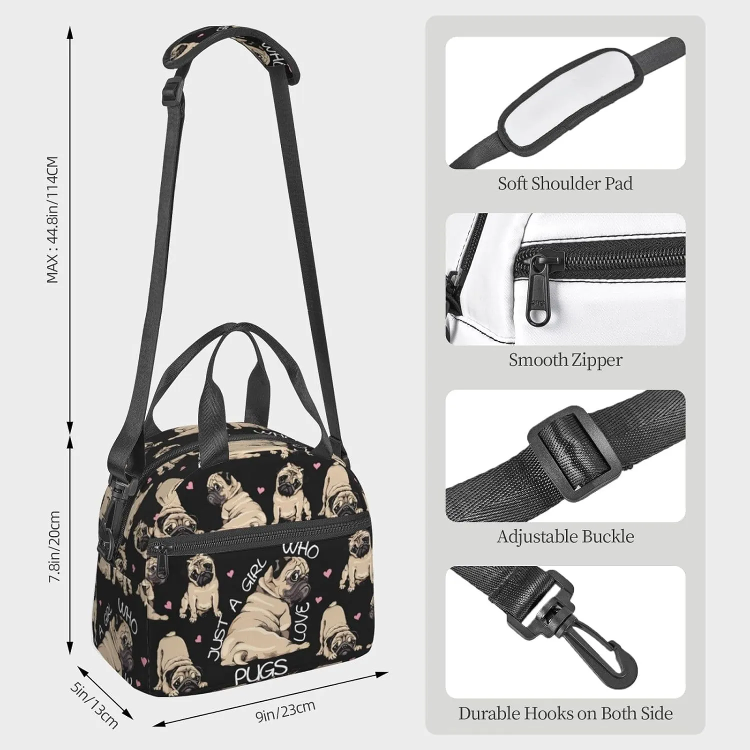 MOLAIGIN Just Girl Cute Pug Funny Dog Love Insulated Lunch With Adjustable Shoulder Strap Bag Reusable Lunch Box Cooler Tote Bag For Men Women