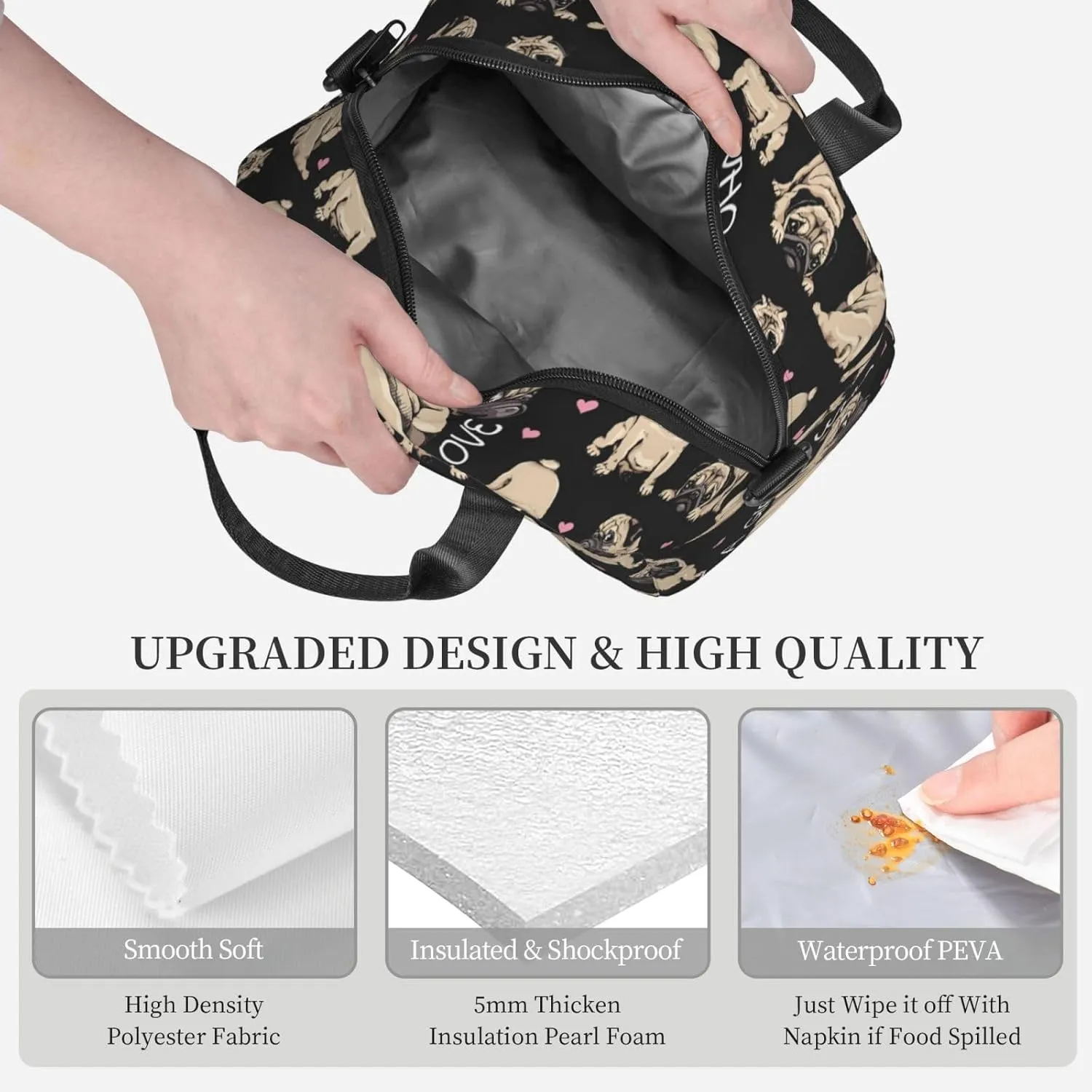 MOLAIGIN Just Girl Cute Pug Funny Dog Love Insulated Lunch With Adjustable Shoulder Strap Bag Reusable Lunch Box Cooler Tote Bag For Men Women