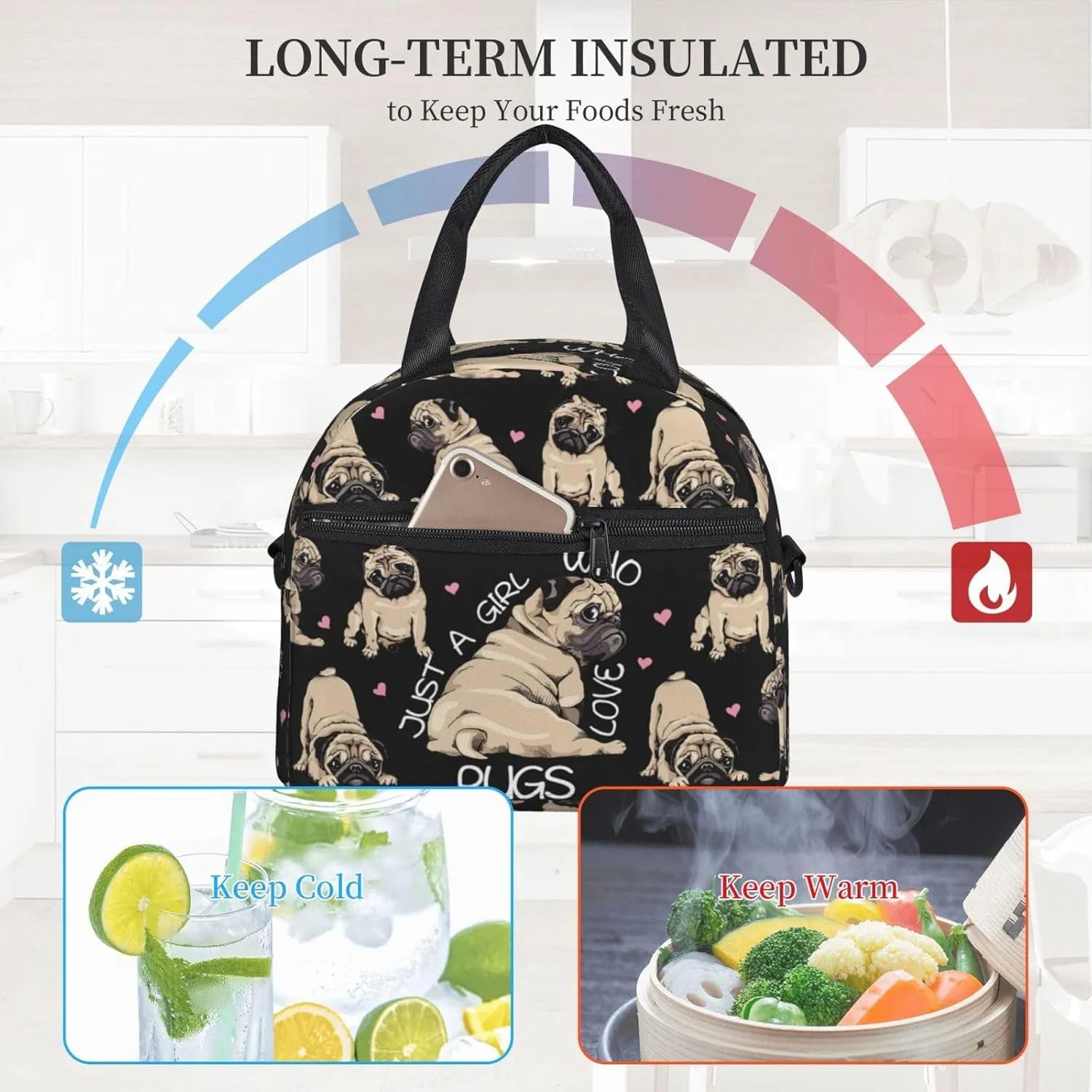 MOLAIGIN Just Girl Cute Pug Funny Dog Love Insulated Lunch With Adjustable Shoulder Strap Bag Reusable Lunch Box Cooler Tote Bag For Men Women