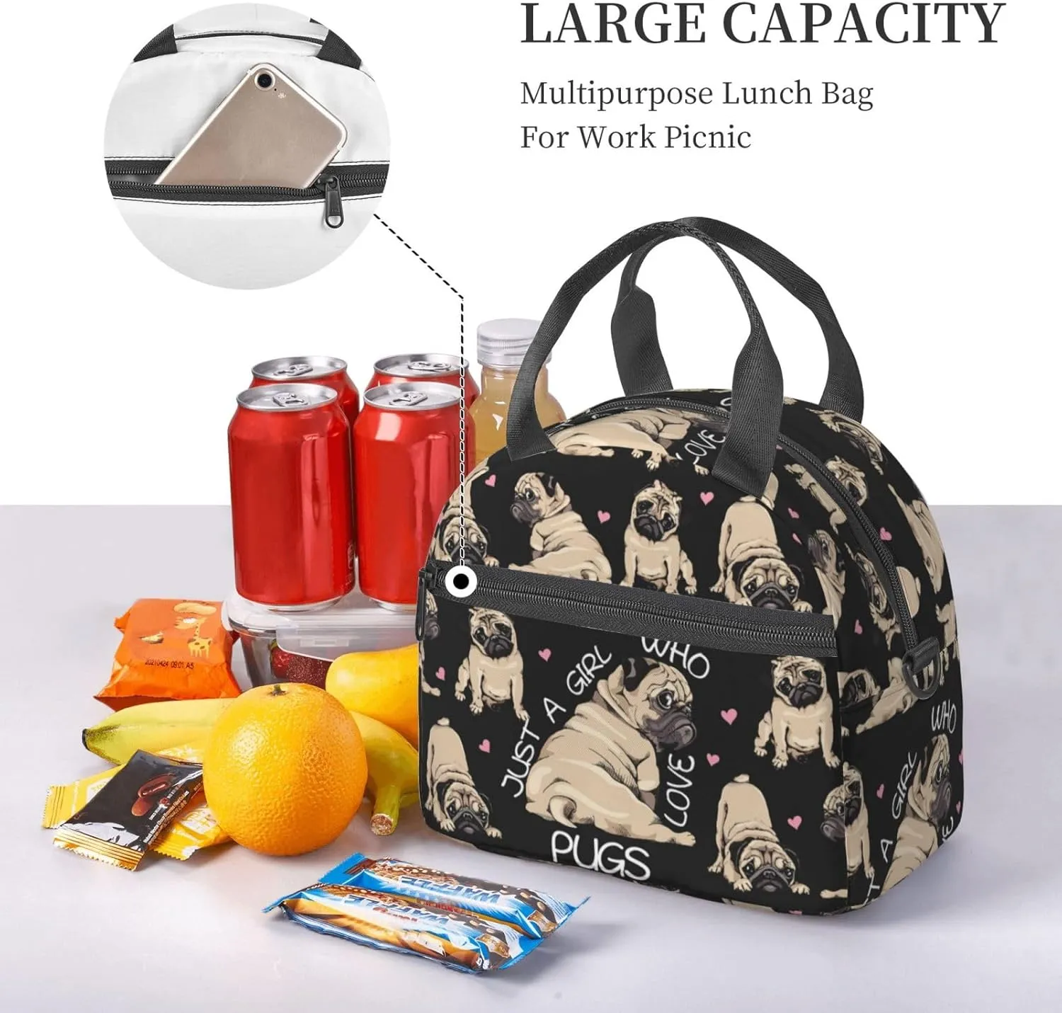 MOLAIGIN Just Girl Cute Pug Funny Dog Love Insulated Lunch With Adjustable Shoulder Strap Bag Reusable Lunch Box Cooler Tote Bag For Men Women