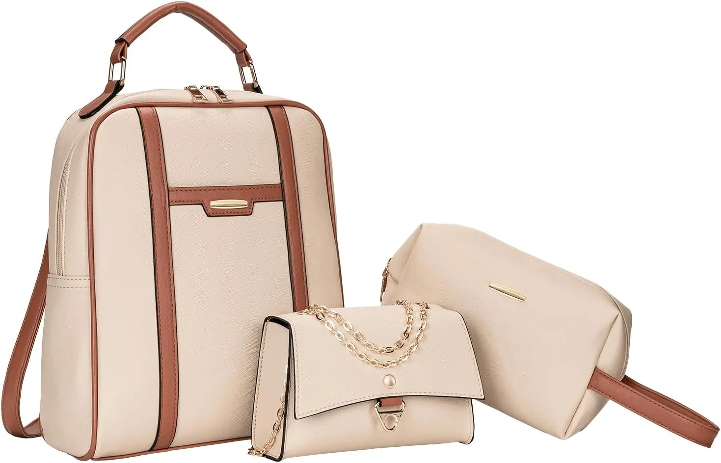 molshine 3-Pieces Fahsion Vegan Leather Backpack, Lightweight and Cute Shoulder Bag,Simple Design Purse for Women Lady HB034 (Beige)