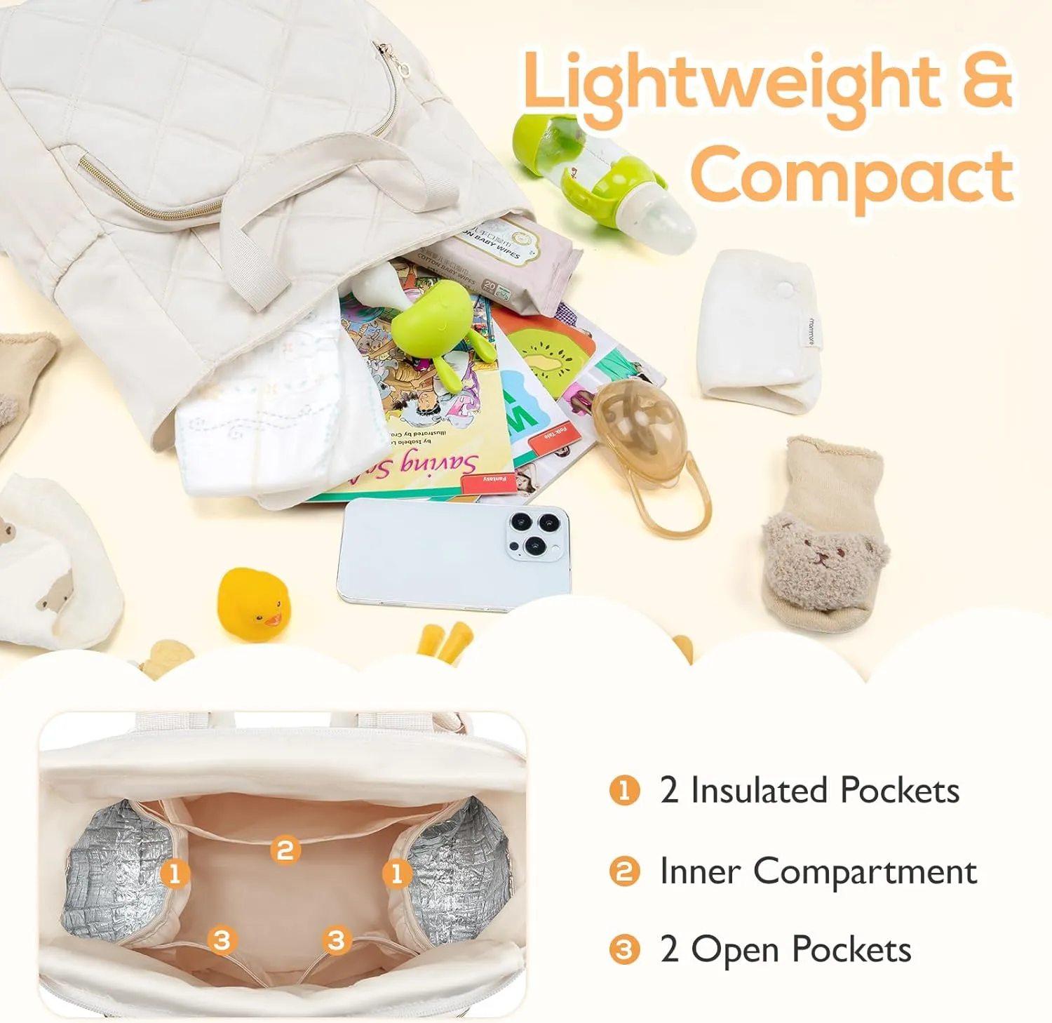 mommore Quilted Diaper Bag Backpack, Small Baby Bags, Lightweight Mini Diaper Backpack for Travel, with Insulated Pockets, Changing Pad (Beige)