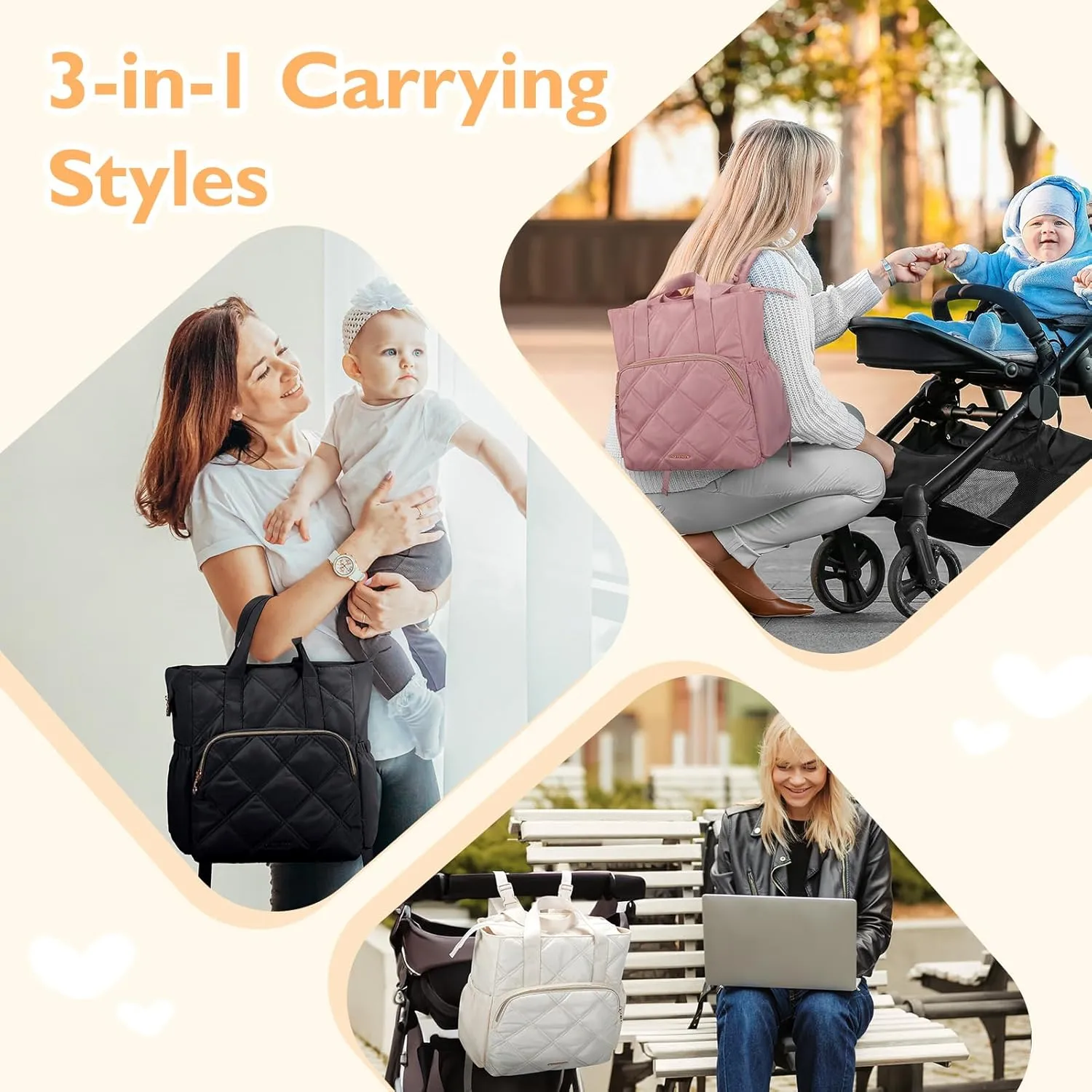 mommore Quilted Diaper Bag Backpack, Small Baby Bags, Lightweight Mini Diaper Backpack for Travel, with Insulated Pockets, Changing Pad (Beige)