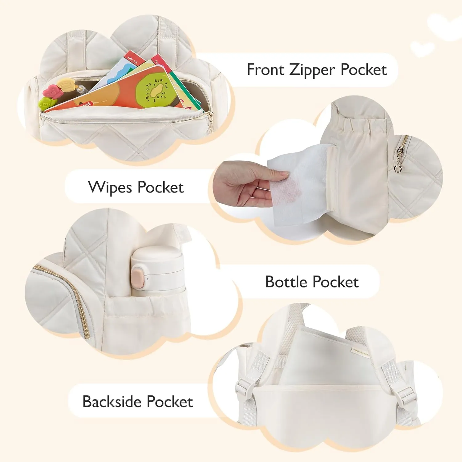 mommore Quilted Diaper Bag Backpack, Small Baby Bags, Lightweight Mini Diaper Backpack for Travel, with Insulated Pockets, Changing Pad (Beige)