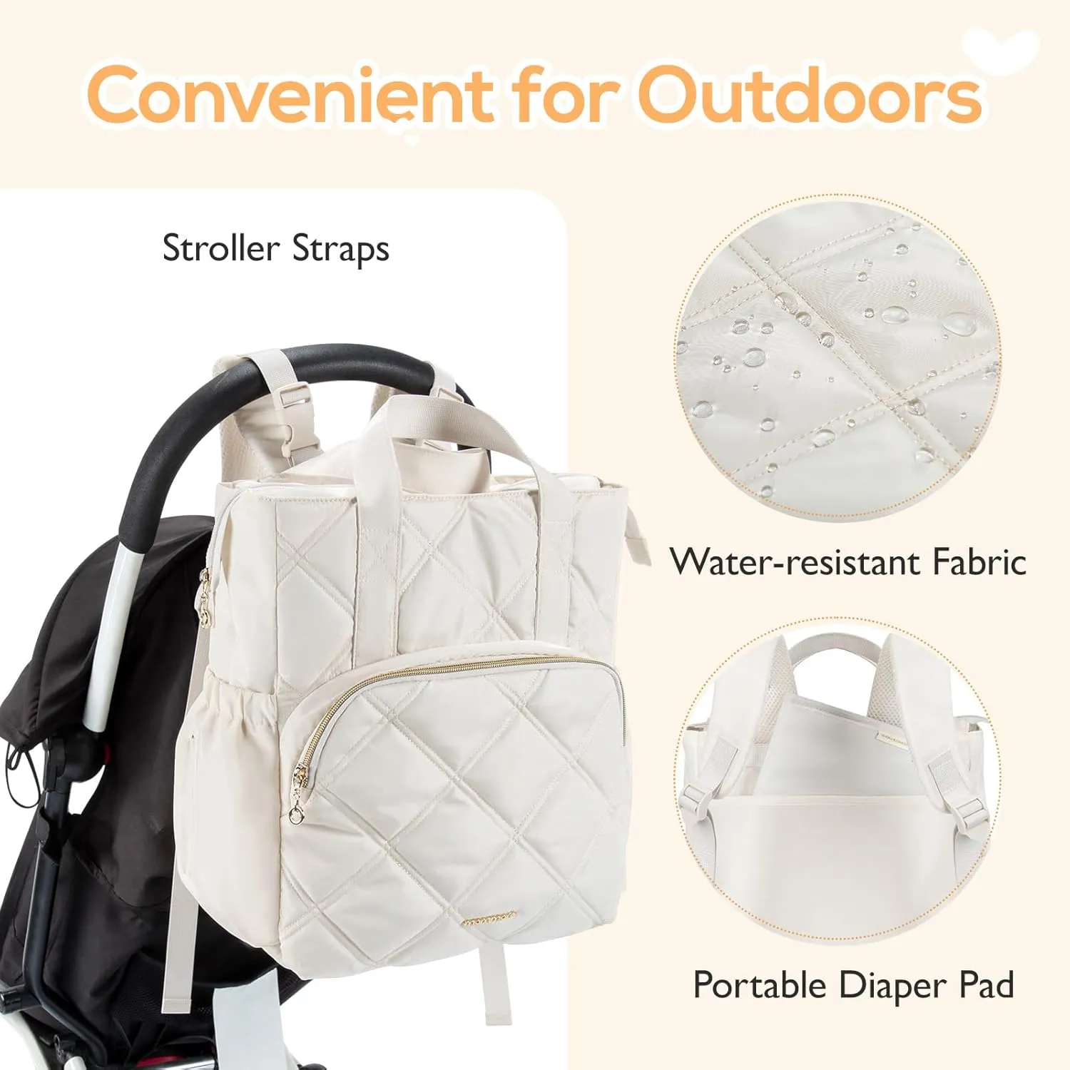 mommore Quilted Diaper Bag Backpack, Small Baby Bags, Lightweight Mini Diaper Backpack for Travel, with Insulated Pockets, Changing Pad (Beige)