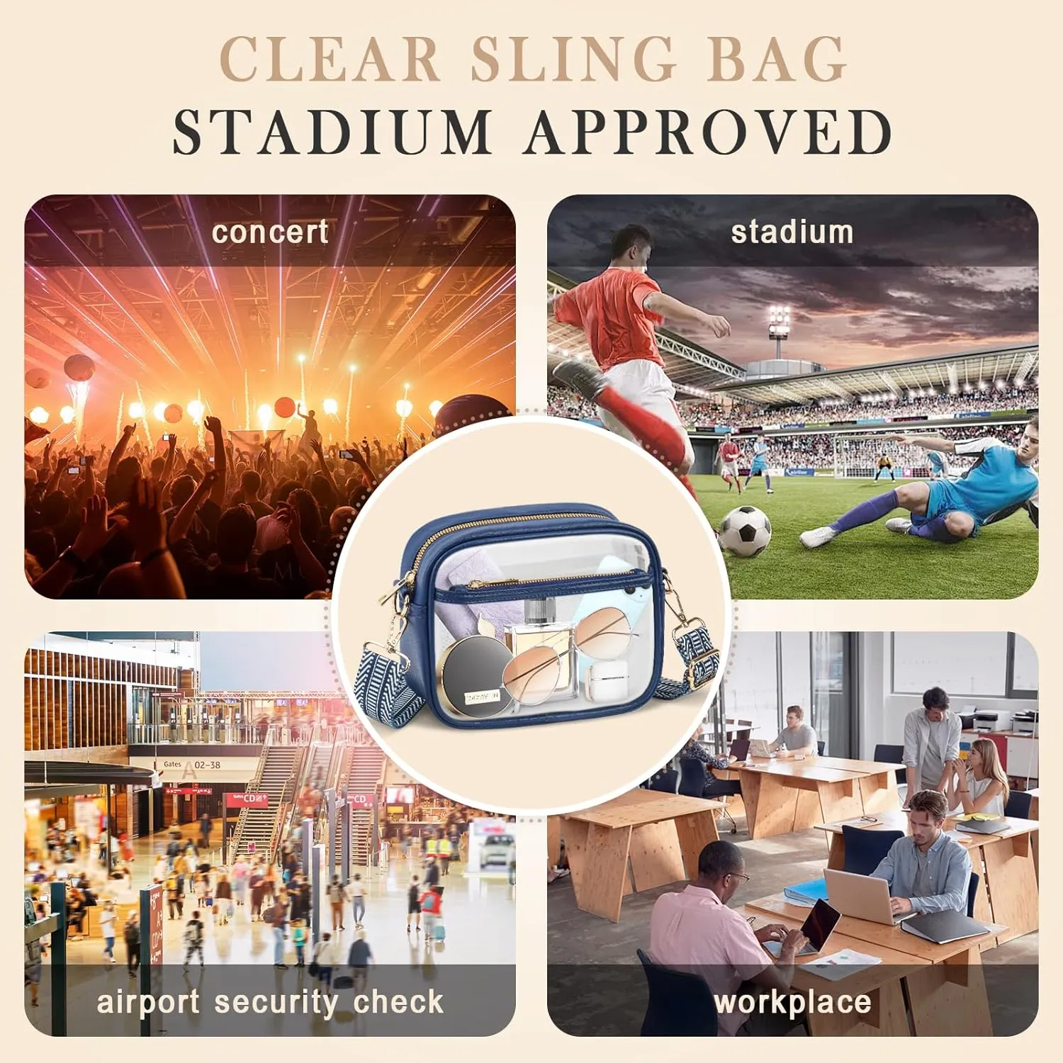 MOMSIV Clear Bag, Stadium Approved Clear Bags with Adjustable Strap Clear Stadium Bag for Women Men Concerts Sports