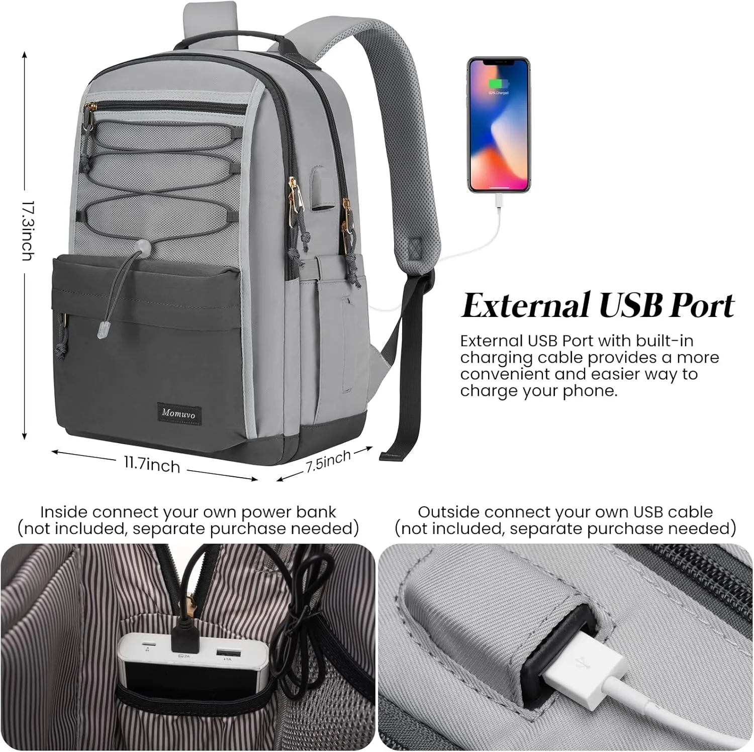 MOMUVO Classic Backpack for Women, Lightweight High School Bookbag for Teens Girls, Waterproof 15.6 Inch Laptop Bag with USB Charging Port for College Work Travel Trip, Dark Grey