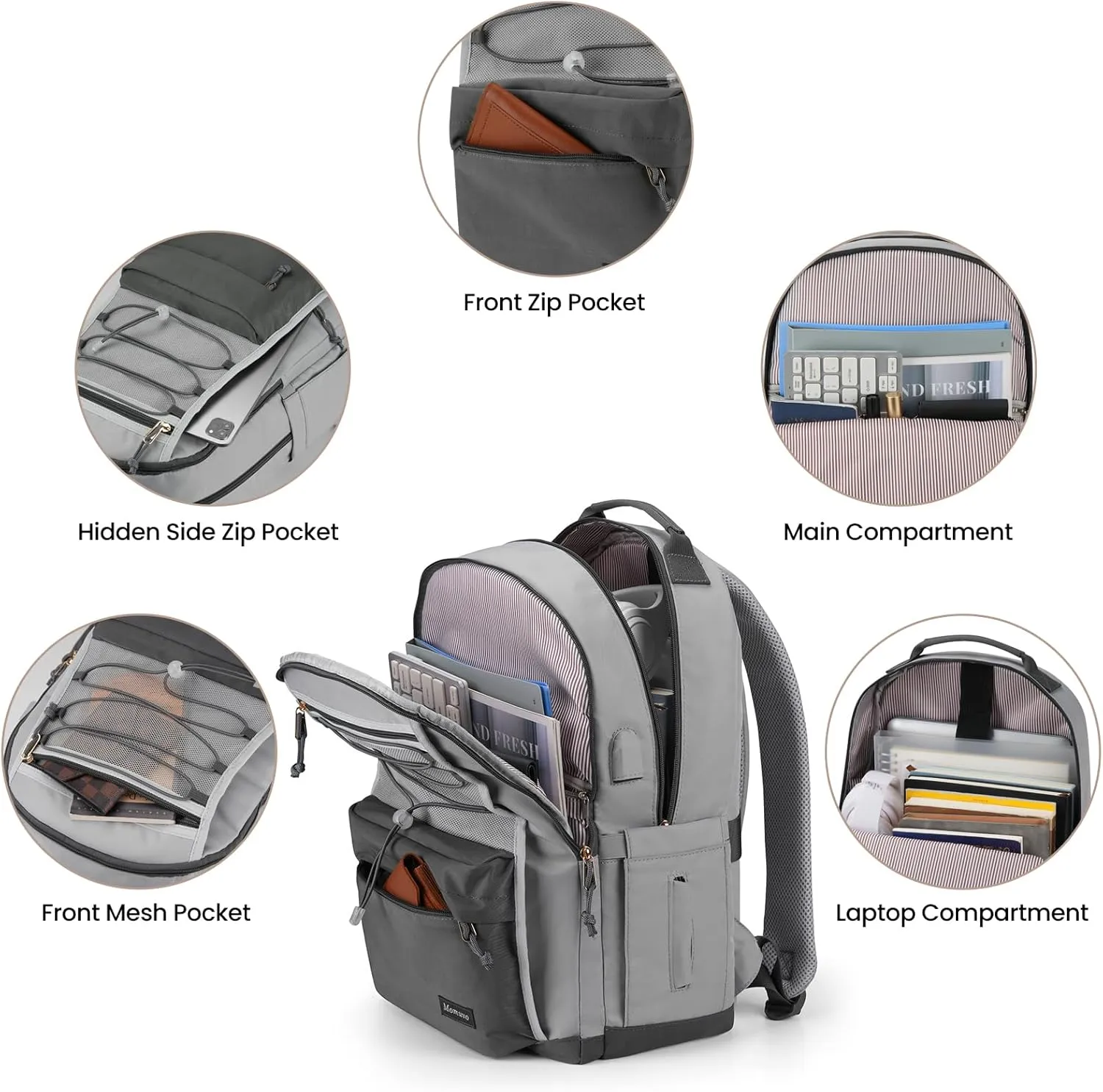 MOMUVO Classic Backpack for Women, Lightweight High School Bookbag for Teens Girls, Waterproof 15.6 Inch Laptop Bag with USB Charging Port for College Work Travel Trip, Dark Grey