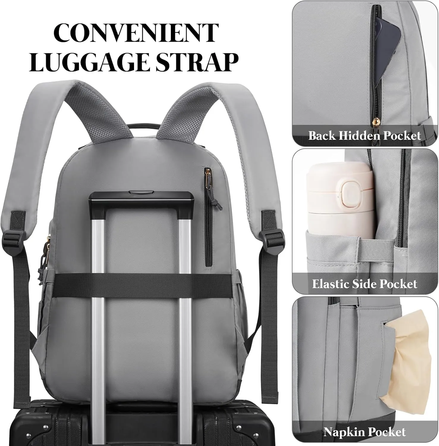 MOMUVO Classic Backpack for Women, Lightweight High School Bookbag for Teens Girls, Waterproof 15.6 Inch Laptop Bag with USB Charging Port for College Work Travel Trip, Dark Grey