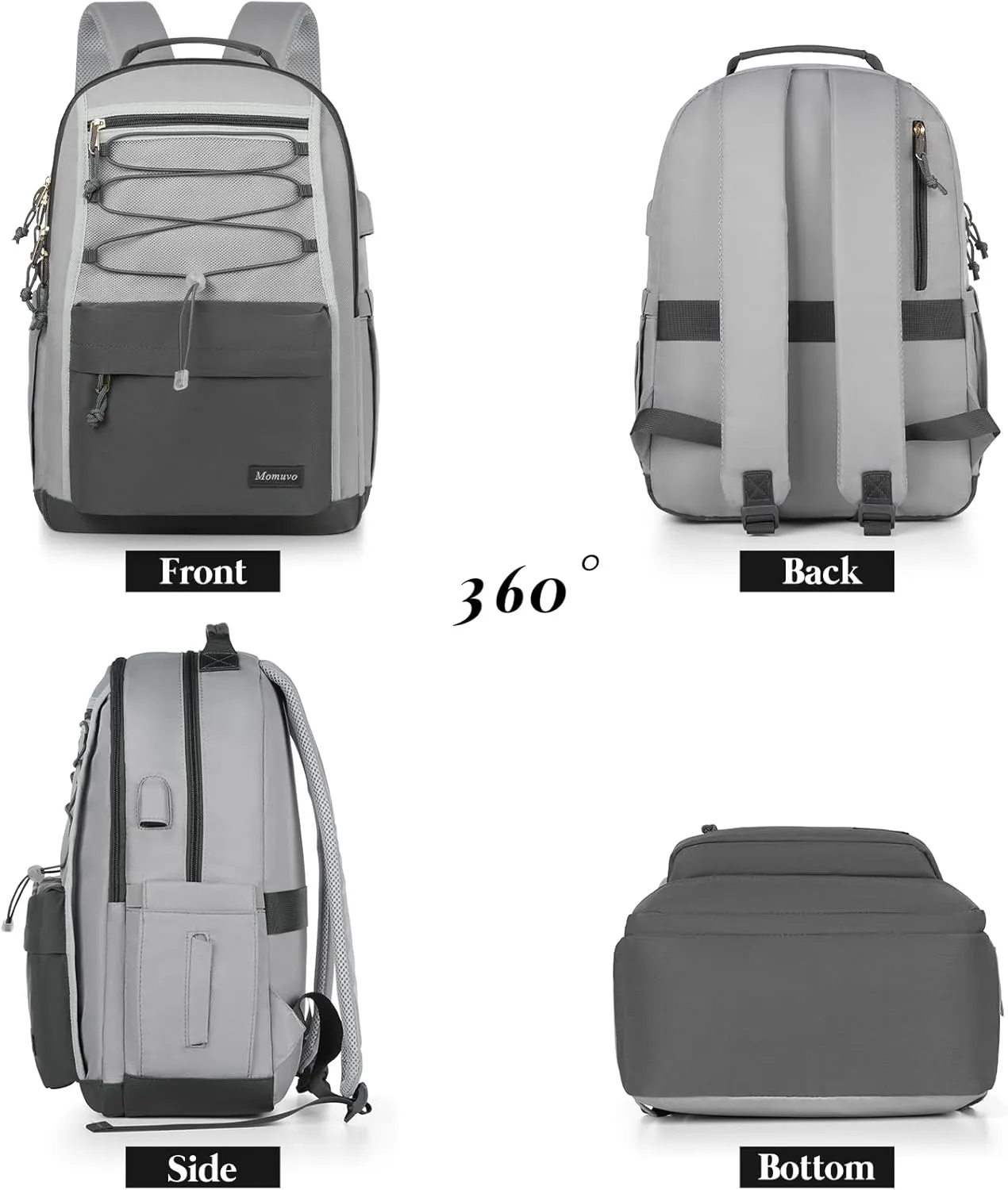 MOMUVO Classic Backpack for Women, Lightweight High School Bookbag for Teens Girls, Waterproof 15.6 Inch Laptop Bag with USB Charging Port for College Work Travel Trip, Dark Grey