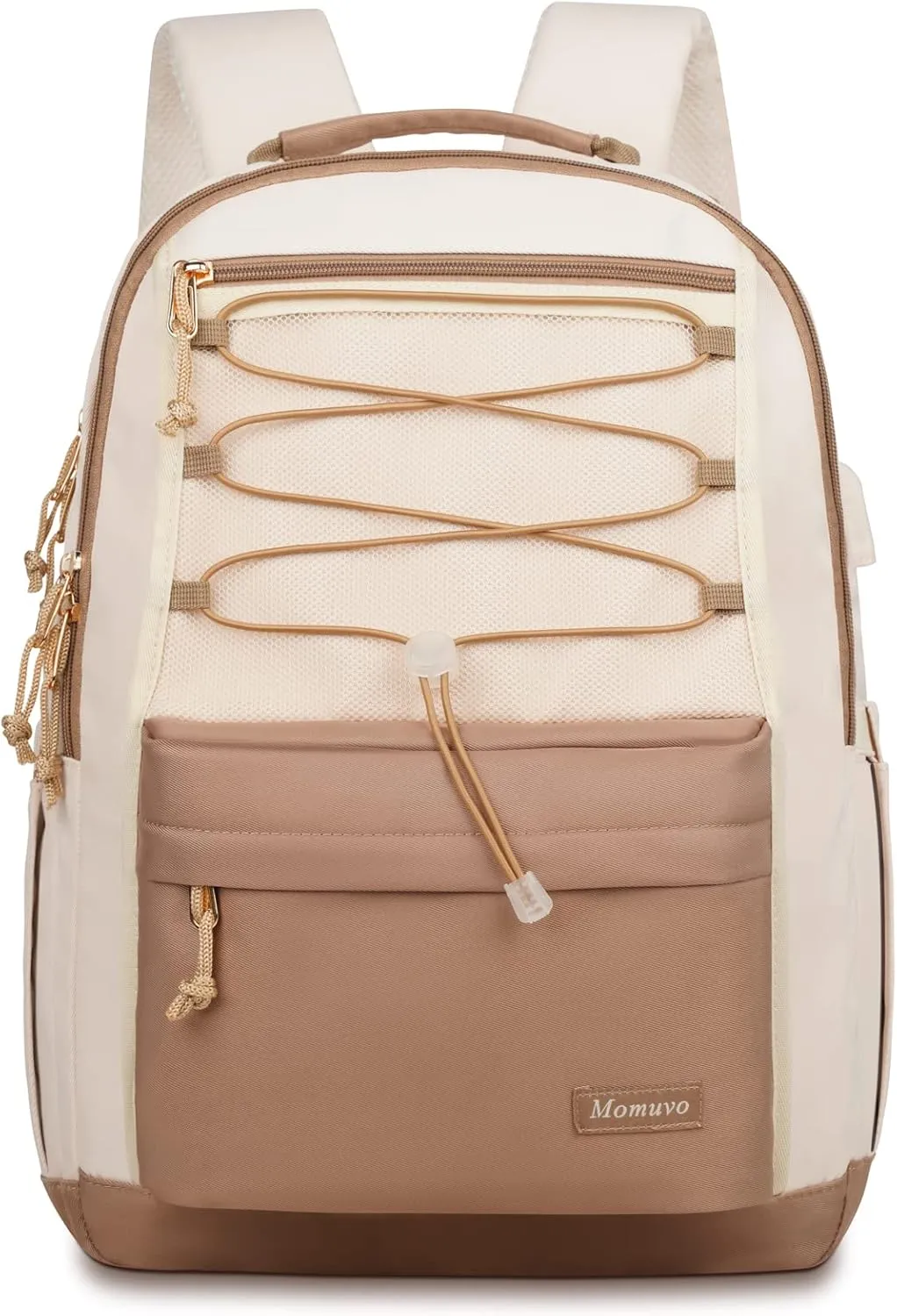 MOMUVO Classic Backpack for Women, Lightweight High School Bookbag for Teens Girls, Waterproof 17.3 Inch Laptop Bag with USB Charging Port for College Work Travel Trip, Beige Khaki