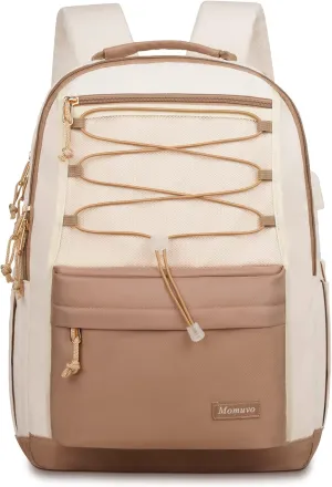 MOMUVO Classic Backpack for Women, Lightweight High School Bookbag for Teens Girls, Waterproof 17.3 Inch Laptop Bag with USB Charging Port for College Work Travel Trip, Beige Khaki