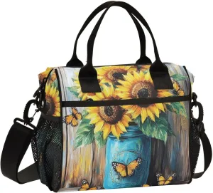 Monarch Sunflowers Mason Jar Insulated Lunch Bag Reusable Lunch Box for Men Women Leakproof Cooler Tote Bag with Adjustable Shoulder Strap Lunch Cooler Bag for Travel Work Picnic Office Camping