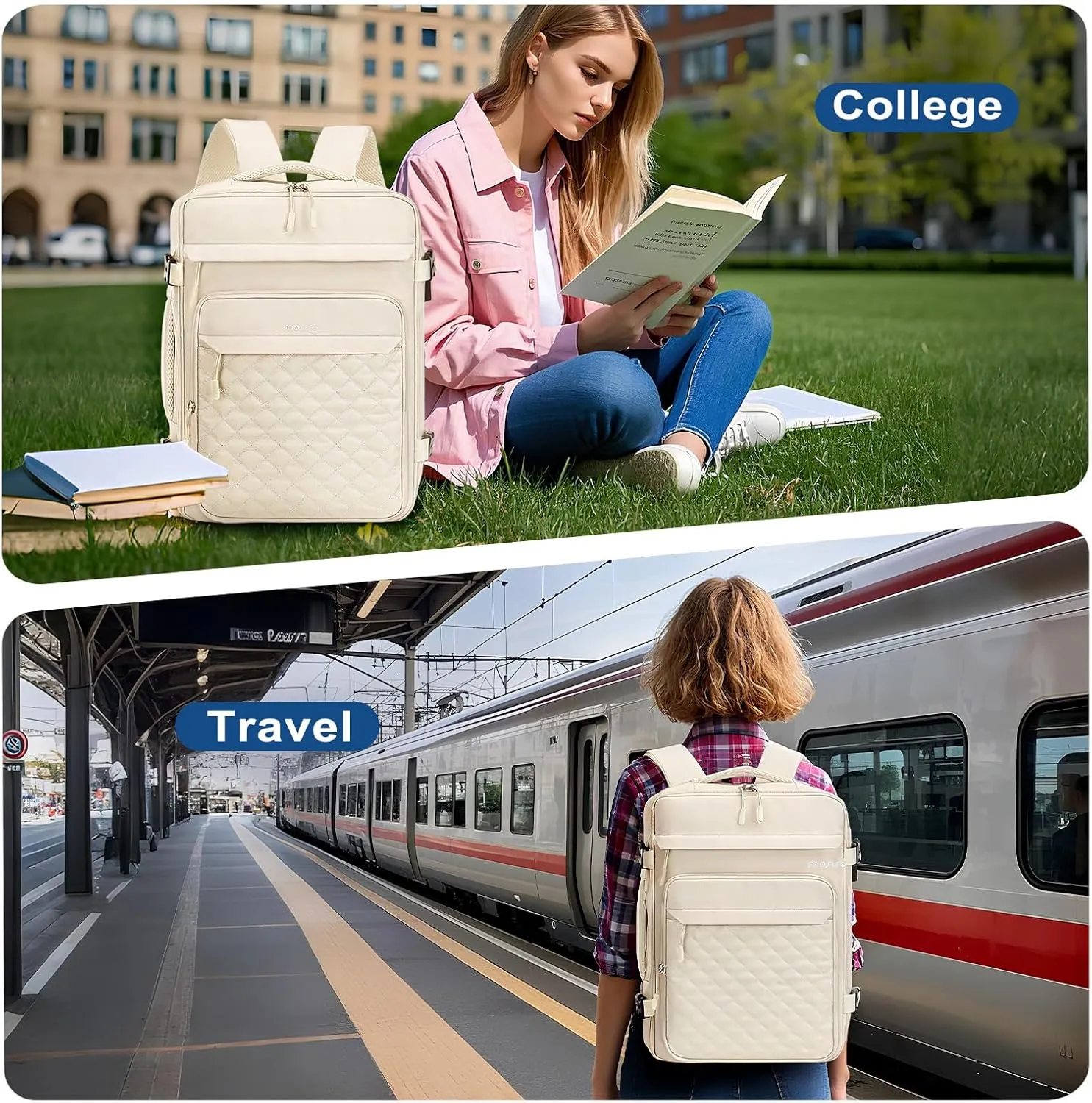 MOSISO Travel Backpack for Women Men, 15-15.6 inch Rhombus Quilted Laptop Backpack Flight Approved with Packing Cubes, 16 inch Carry on Daypack with USB Port for College Work Business, Beige
