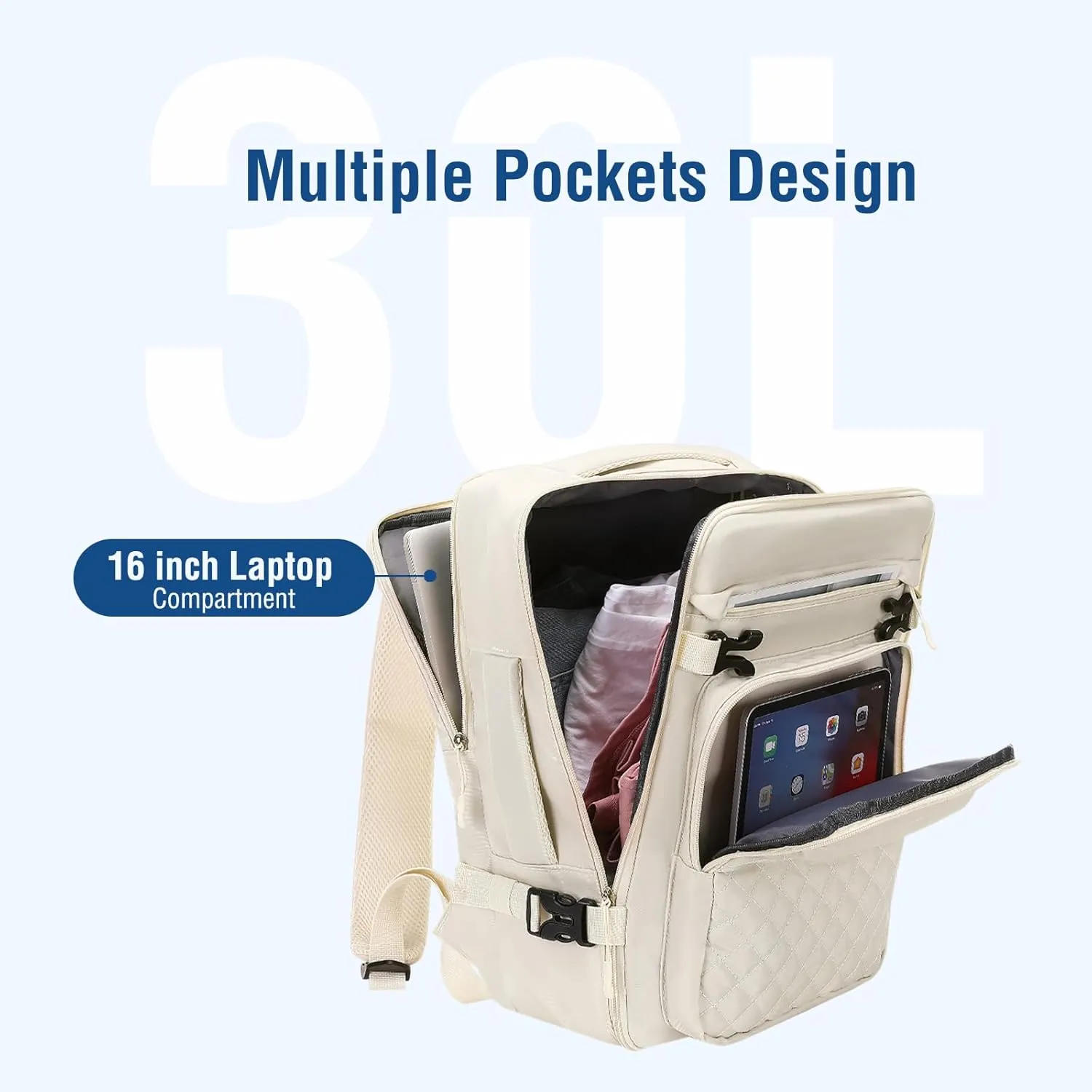 MOSISO Travel Backpack for Women Men, 15-15.6 inch Rhombus Quilted Laptop Backpack Flight Approved with Packing Cubes, 16 inch Carry on Daypack with USB Port for College Work Business, Beige