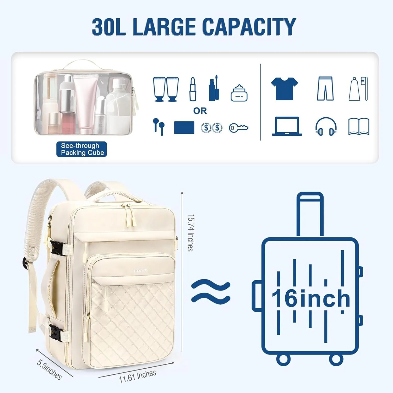 MOSISO Travel Backpack for Women Men, 15-15.6 inch Rhombus Quilted Laptop Backpack Flight Approved with Packing Cubes, 16 inch Carry on Daypack with USB Port for College Work Business, Beige