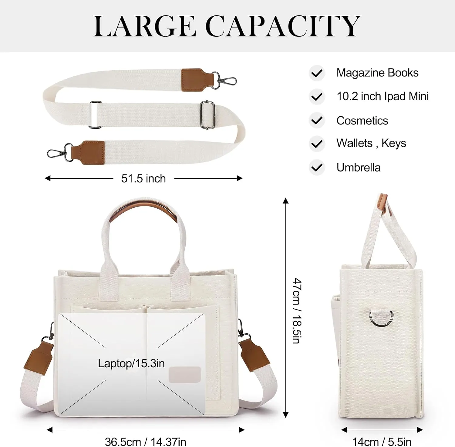 Mossio Large Canvas Tote Bag for Women with Pockets - Laptop Crossbody Work Tote Bag Everyday Bag Shoulder Purse Handbag