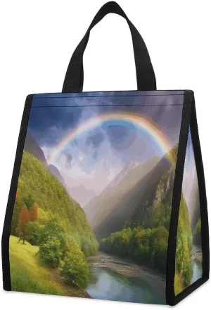 Mountain Valley with Rainbow Insulated Lunch Bag Box Large Lunchboxes with Pocket Leakproof Lunch Tote Reusable Cooler Bags Cute Lunch Sack for Women Men Work Travel Picnic
