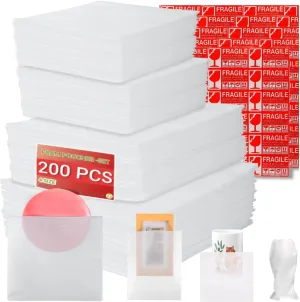 Moving supplies,200Pack Cushion Foam Pouches, Packing Supplies for Moving, Packing, Transportation and Storage, Incidental 120Fragile Stickers (16X16, 12X7.5, 10X10, 7.5X7.5)