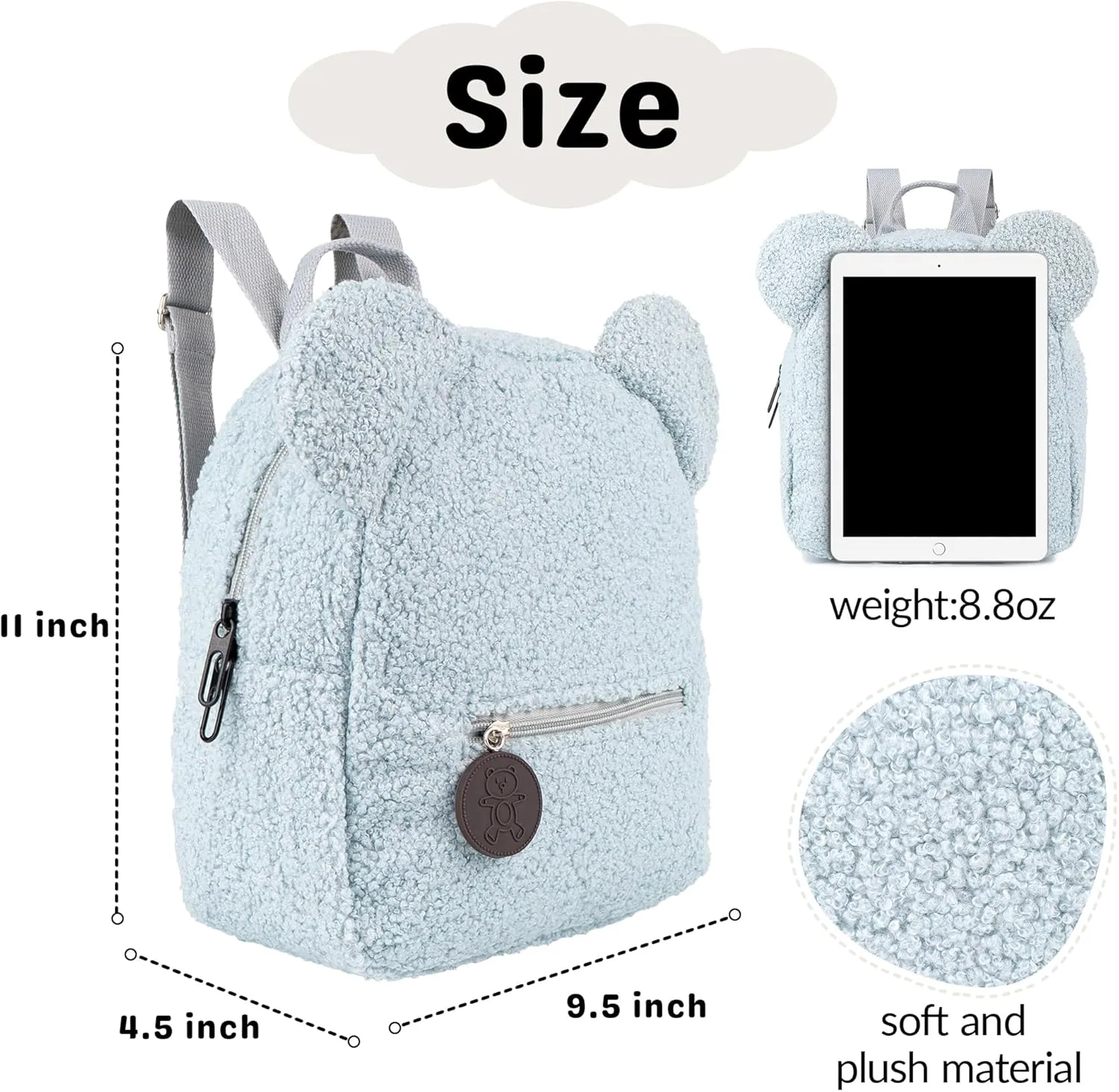 MT WORLD Plush Teddy Bear Backpack Custom Cute Fuzzy Bear Ears Head Backpack with Name Soft Fluffy Casual Sherpa Daypack Mini Shoulder Bag Purse Gifts (Blue)