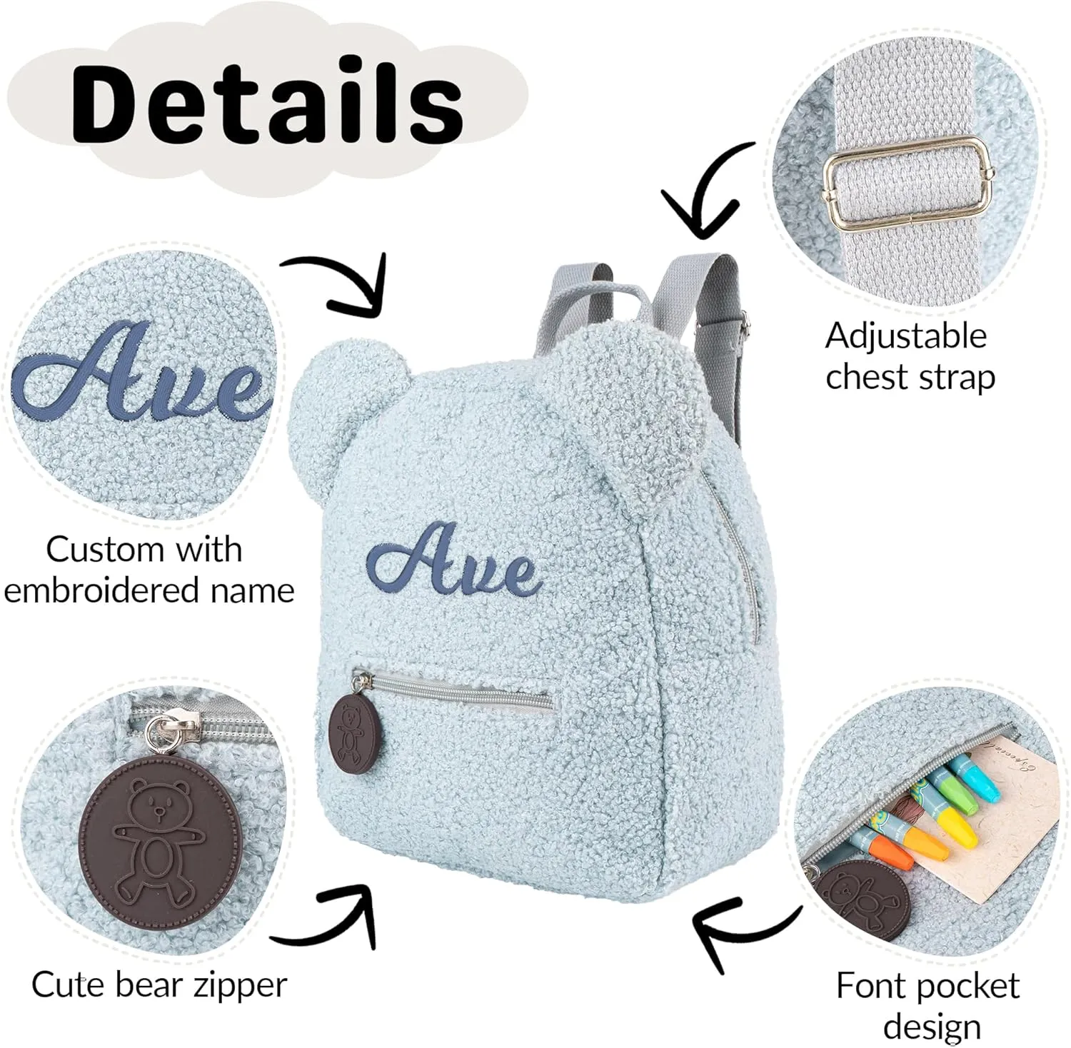 MT WORLD Plush Teddy Bear Backpack Custom Cute Fuzzy Bear Ears Head Backpack with Name Soft Fluffy Casual Sherpa Daypack Mini Shoulder Bag Purse Gifts (Blue)