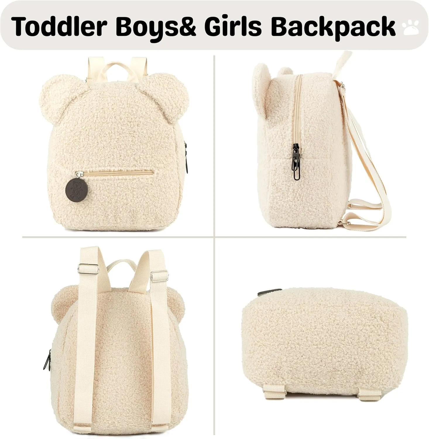 MT WORLD Plush Teddy Bear Backpack Personalized Toddler Backpack for Boys Girls Fuzzy Bear Ears Head Backpack Soft Daycare Backpack Mini Shoulder Bag Purse Gifts (Beige)