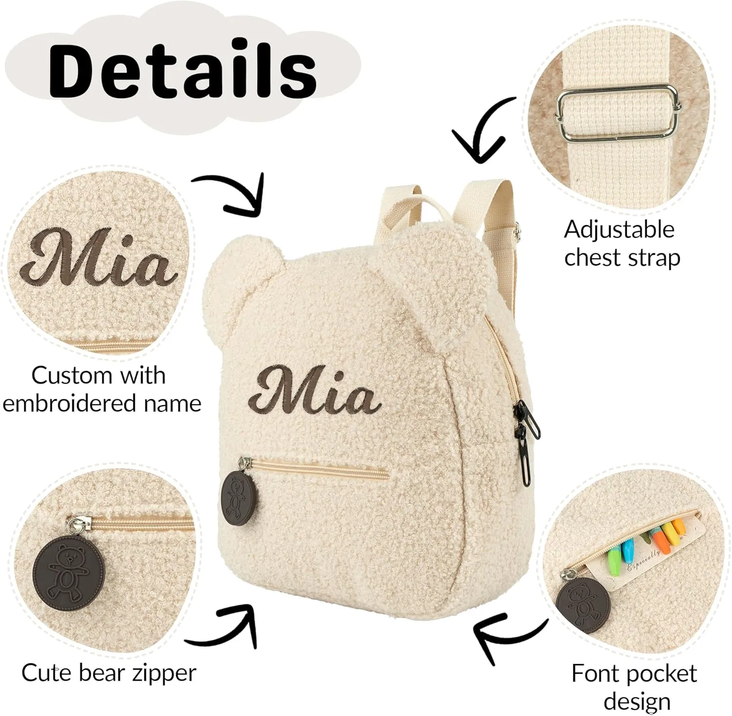 MT WORLD Plush Teddy Bear Backpack Personalized Toddler Backpack for Boys Girls Fuzzy Bear Ears Head Backpack Soft Daycare Backpack Mini Shoulder Bag Purse Gifts (Beige)