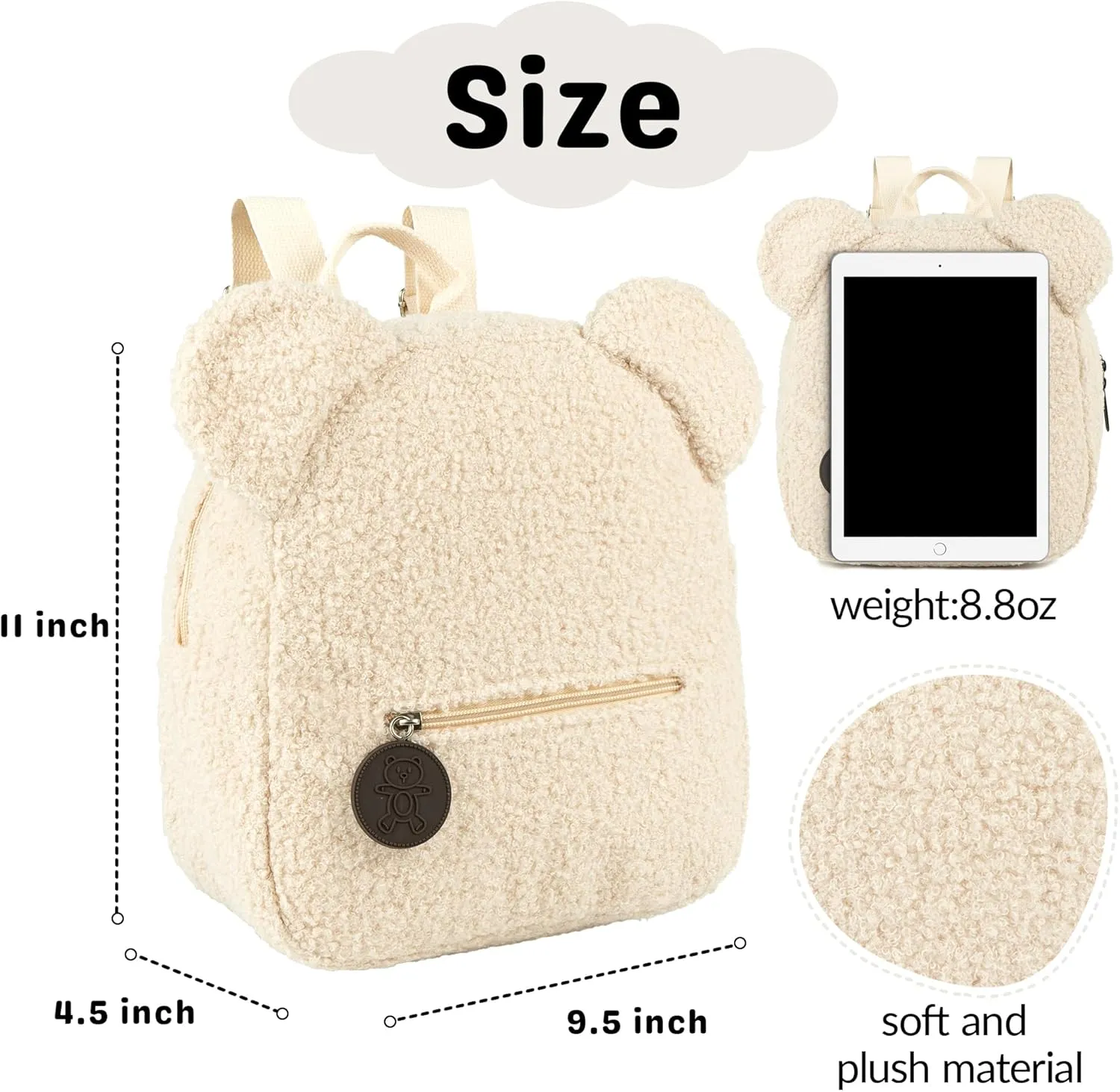 MT WORLD Plush Teddy Bear Backpack Personalized Toddler Backpack for Boys Girls Fuzzy Bear Ears Head Backpack Soft Daycare Backpack Mini Shoulder Bag Purse Gifts (Beige)