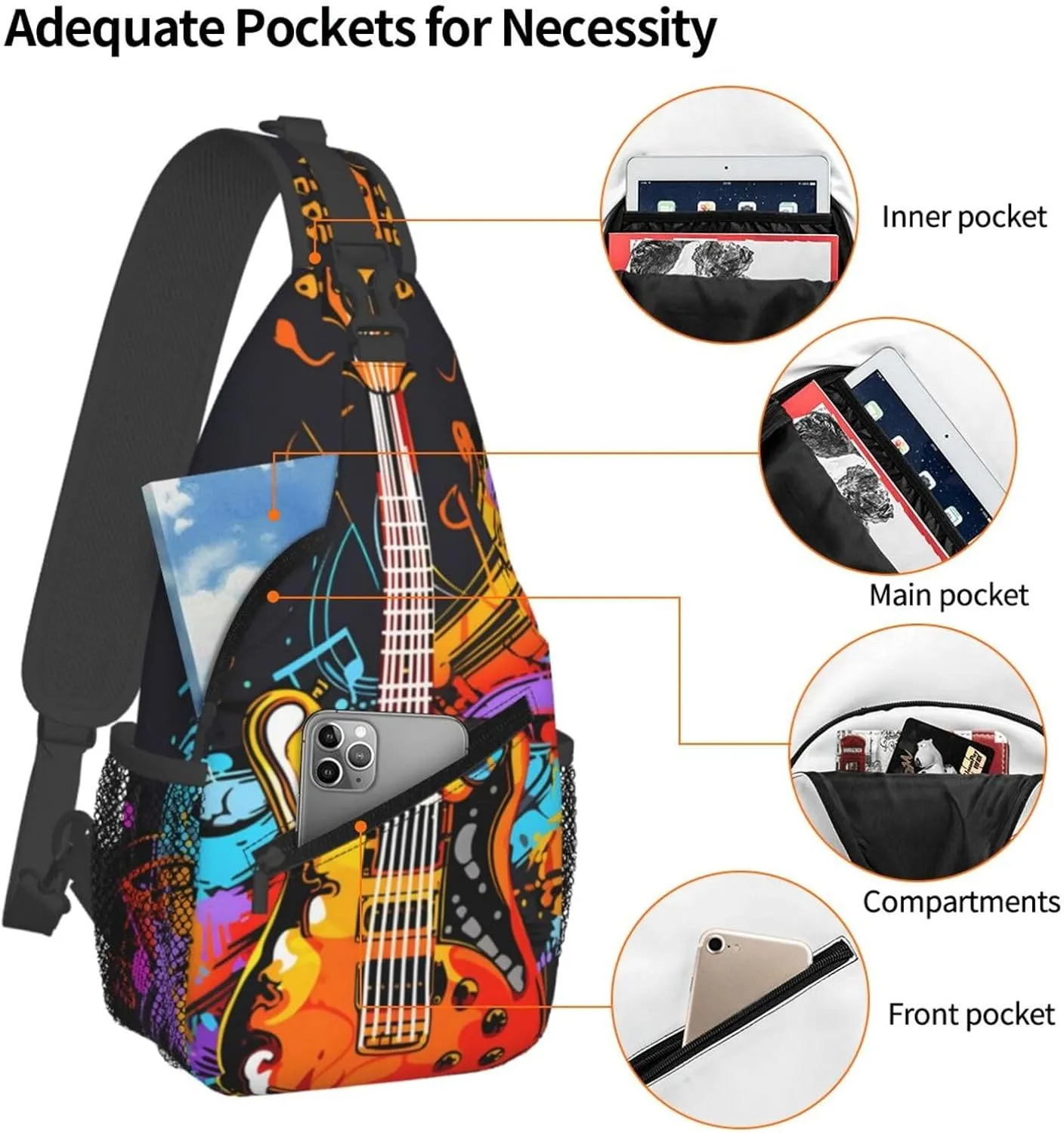 Musical Guitar Note Sling Bag Crossbody Bag for Men Women, Daypack Chest Backpack Shoulder Bag for Travle Hiking