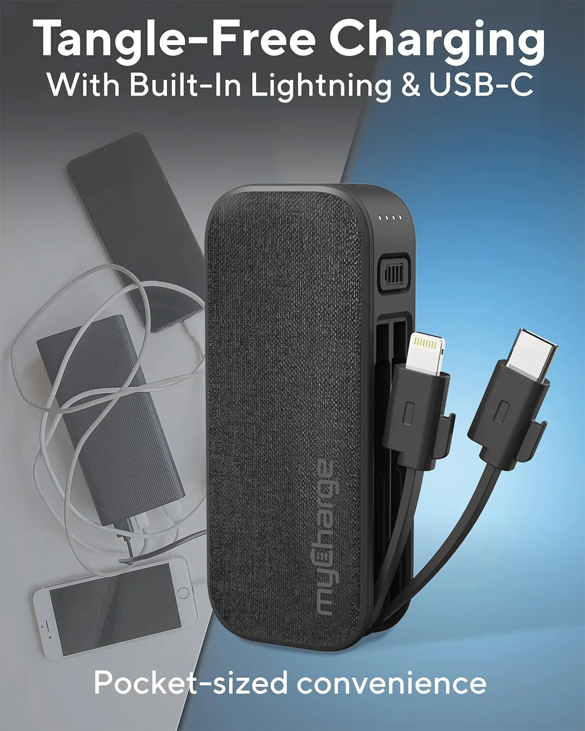myCharge PowerHub Mini Portable Charger for iPhone - 3000mAh & Built in Cables (Lightning, Type C) 12W Turbo USB C Power Bank Fast Charging Battery Pack (Black)