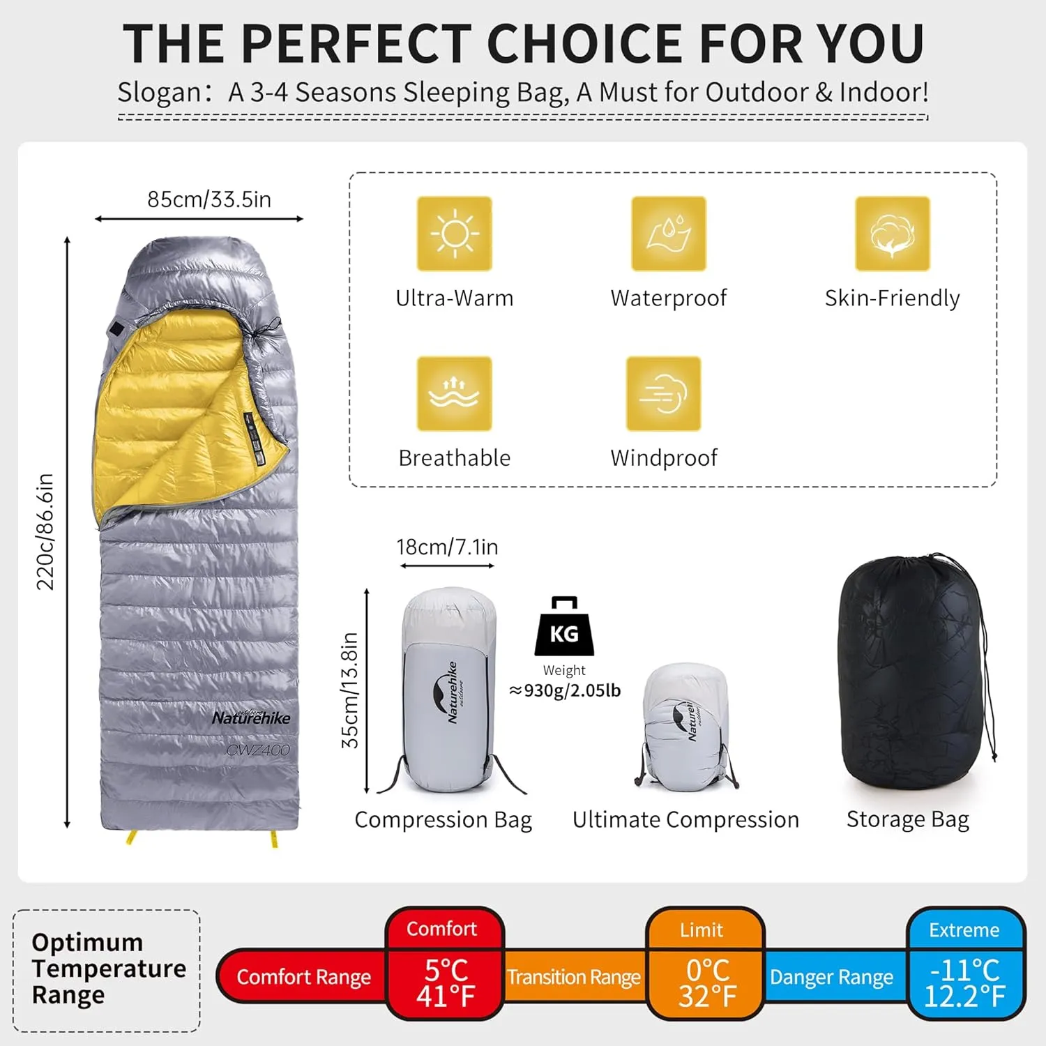 Naturehike Ultralight Down Sleeping Bag, 650FP, 3-4 Season, Adults, 32-42, Waterproof, Compact, Camping, Hiking