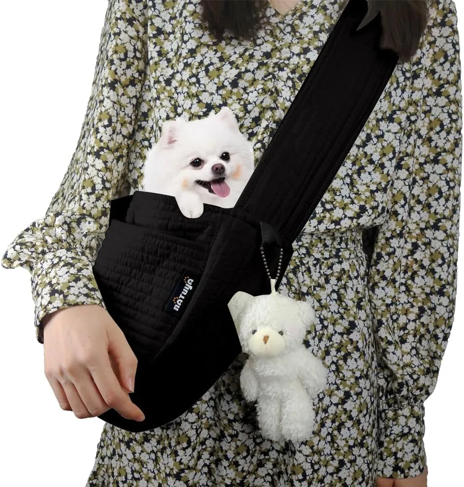 NATUYA Small Dog Carrier Sling Cat Sling-Dog Slings for Carrying Small Dogs-Adjustable Strap Hand Free Pet Puppy for Outdoor Traveling Subway (Black, Canvas-Adjustable Strap)