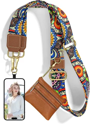 Nipichsha Crossbody Phone Strap with Wallet, Clip and Go Strap for Phone with Wallet, Adjustable Crossbody Cell Belt with Zippered Pouch, Neck Shoulder Cell Lanyard for Women, Bohemian Sun