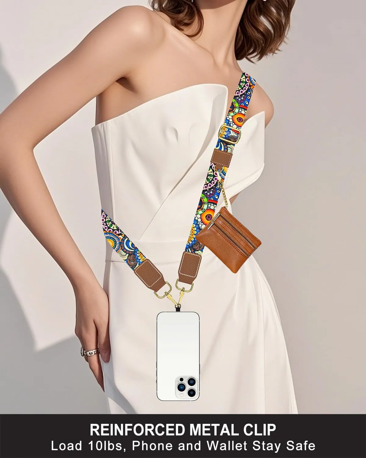 Nipichsha Crossbody Phone Strap with Wallet, Clip and Go Strap for Phone with Wallet, Adjustable Crossbody Cell Belt with Zippered Pouch, Neck Shoulder Cell Lanyard for Women, Bohemian Sun