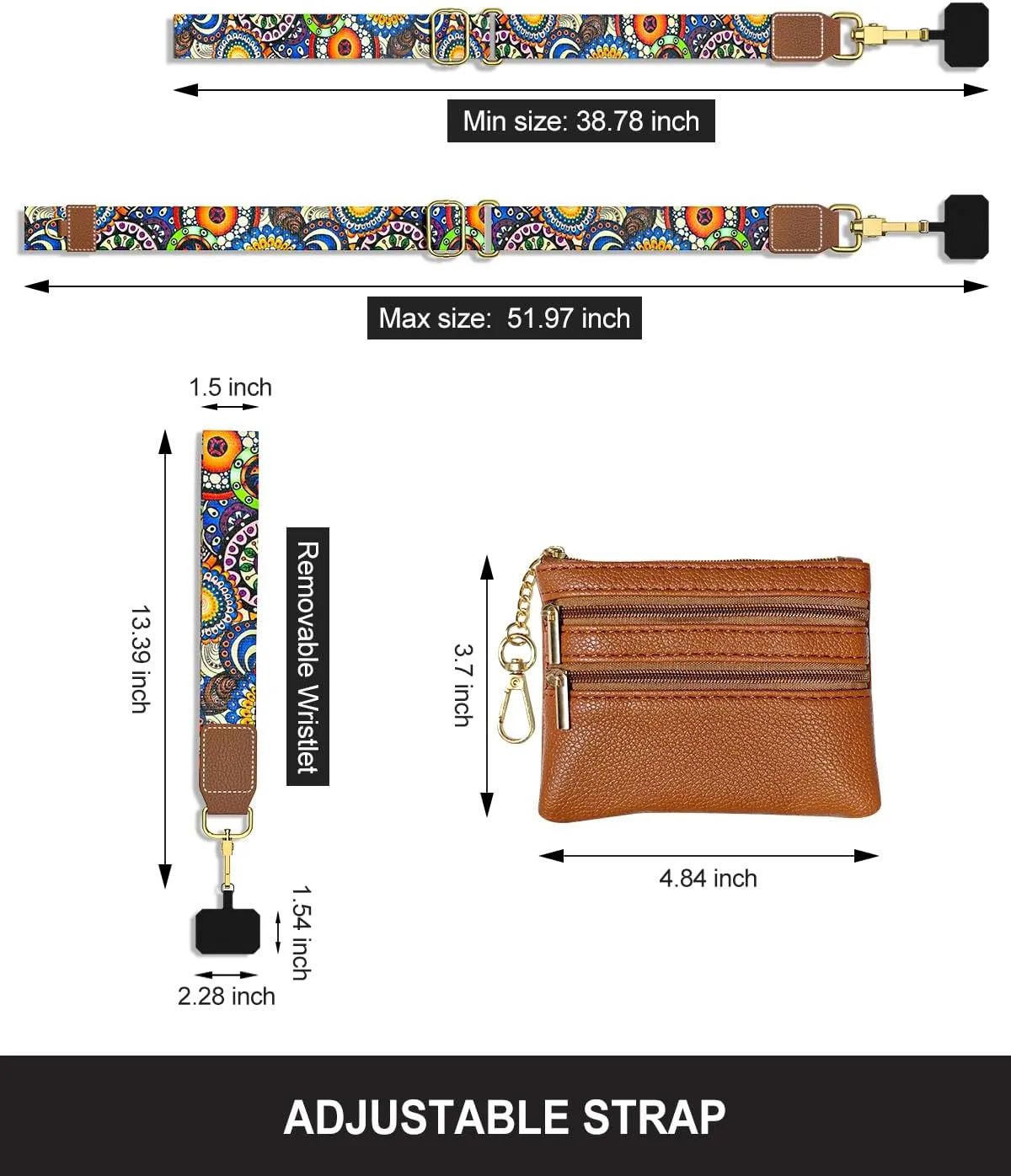 Nipichsha Crossbody Phone Strap with Wallet, Clip and Go Strap for Phone with Wallet, Adjustable Crossbody Cell Belt with Zippered Pouch, Neck Shoulder Cell Lanyard for Women, Bohemian Sun