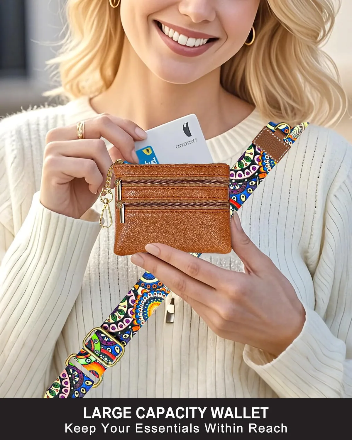 Nipichsha Crossbody Phone Strap with Wallet, Clip and Go Strap for Phone with Wallet, Adjustable Crossbody Cell Belt with Zippered Pouch, Neck Shoulder Cell Lanyard for Women, Bohemian Sun