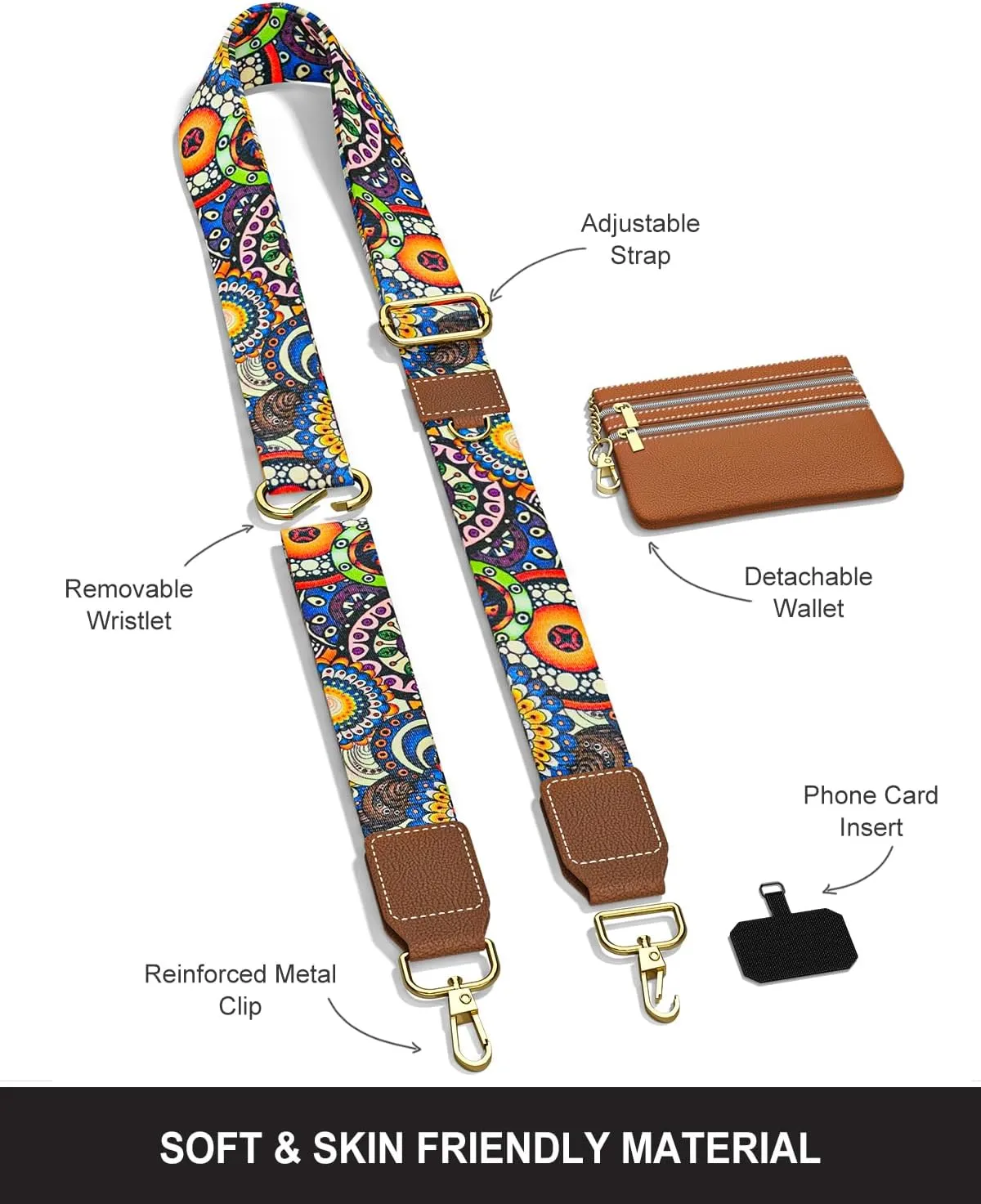 Nipichsha Crossbody Phone Strap with Wallet, Clip and Go Strap for Phone with Wallet, Adjustable Crossbody Cell Belt with Zippered Pouch, Neck Shoulder Cell Lanyard for Women, Bohemian Sun