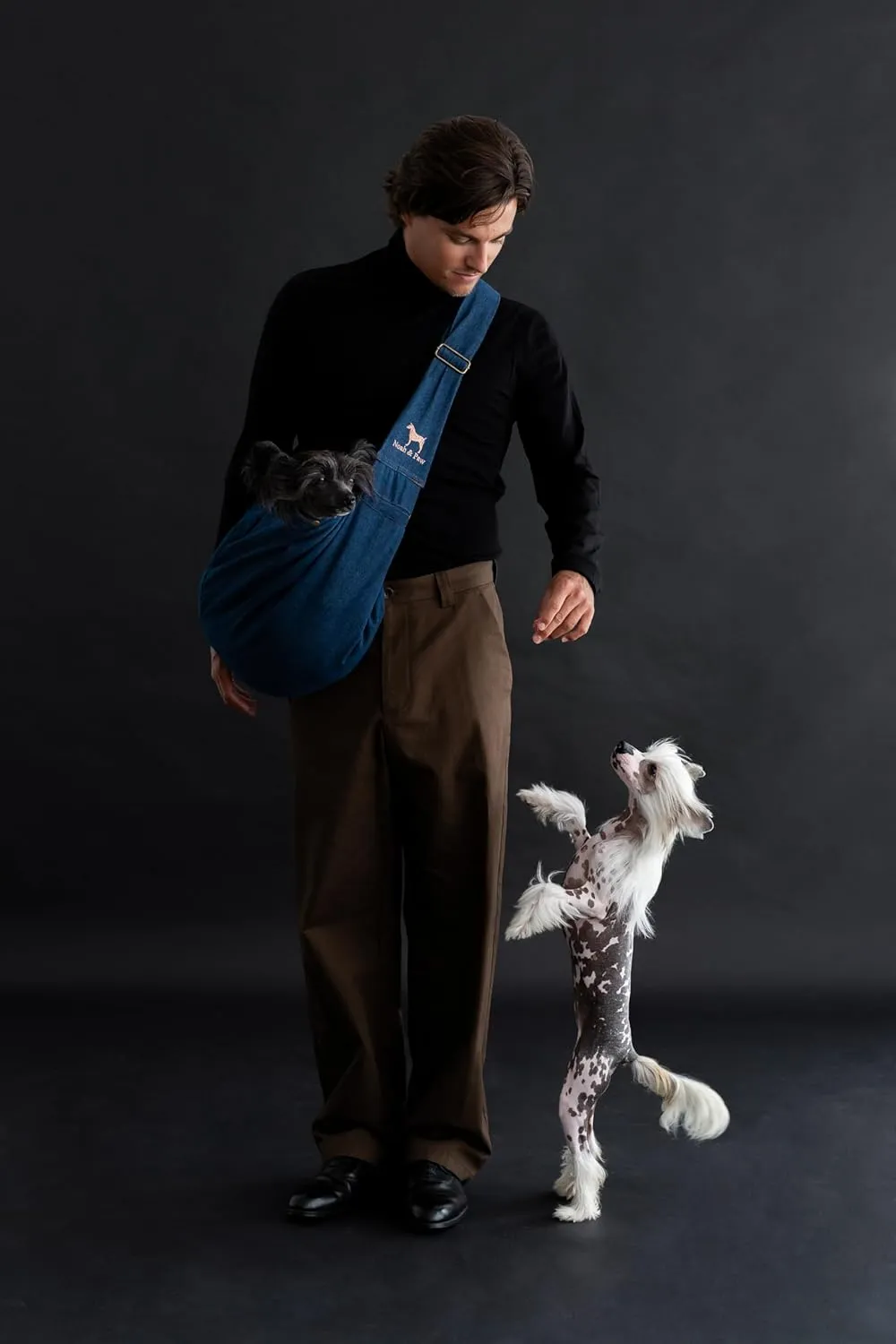 Noah & Paw Dog Sling Carrier for Small Dogs 5-18lb, Dog Sling for Small Dogs and Cats, Dog Carrier with Adjustable Padded Strap, Premium Denim, Lined with Fur, Double Safety Feature, Machine Washable