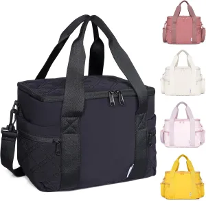 NOL Natural Organic Lifestyle Women's Nylon Lunch Cooler Cute Quilted Lunch Bag Large Leakproof Insulated Lunch Tote Bag for Work Picnic Travel,Black