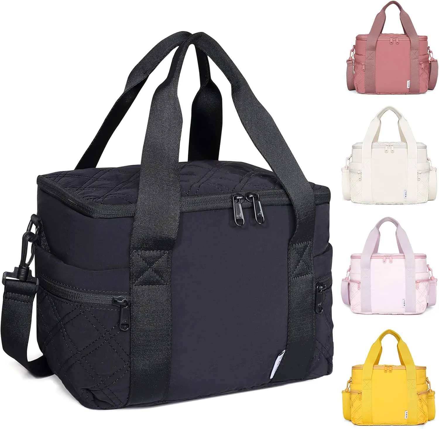 NOL Natural Organic Lifestyle Women's Nylon Lunch Cooler Cute Quilted Lunch Bag Large Leakproof Insulated Lunch Tote Bag for Work Picnic Travel,Black
