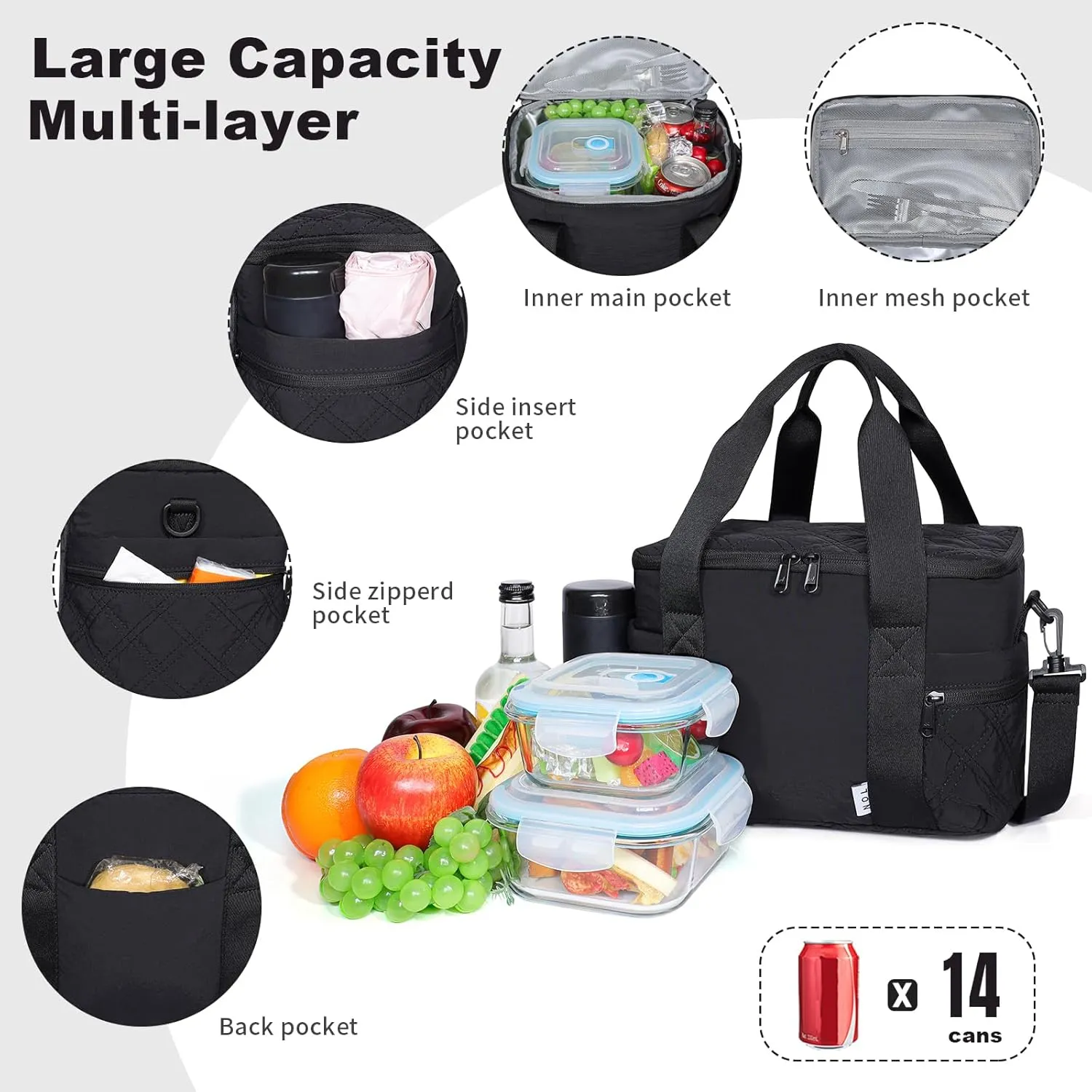 NOL Natural Organic Lifestyle Women's Nylon Lunch Cooler Cute Quilted Lunch Bag Large Leakproof Insulated Lunch Tote Bag for Work Picnic Travel,Black