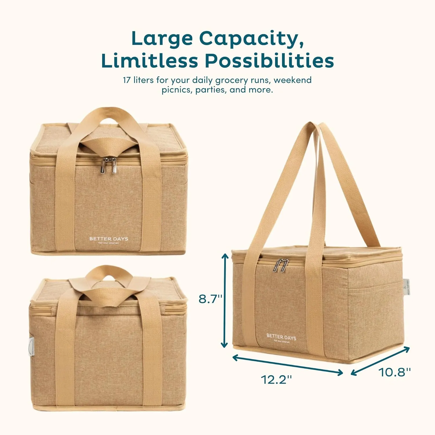 Nook Theory Insulated Grocery Bags, Regular Reusable Grocery Bag with Zipper, Leak Proof Cooler Bag for Frozen and Hot Food, Perfect for Picnic and Travel (Jute)