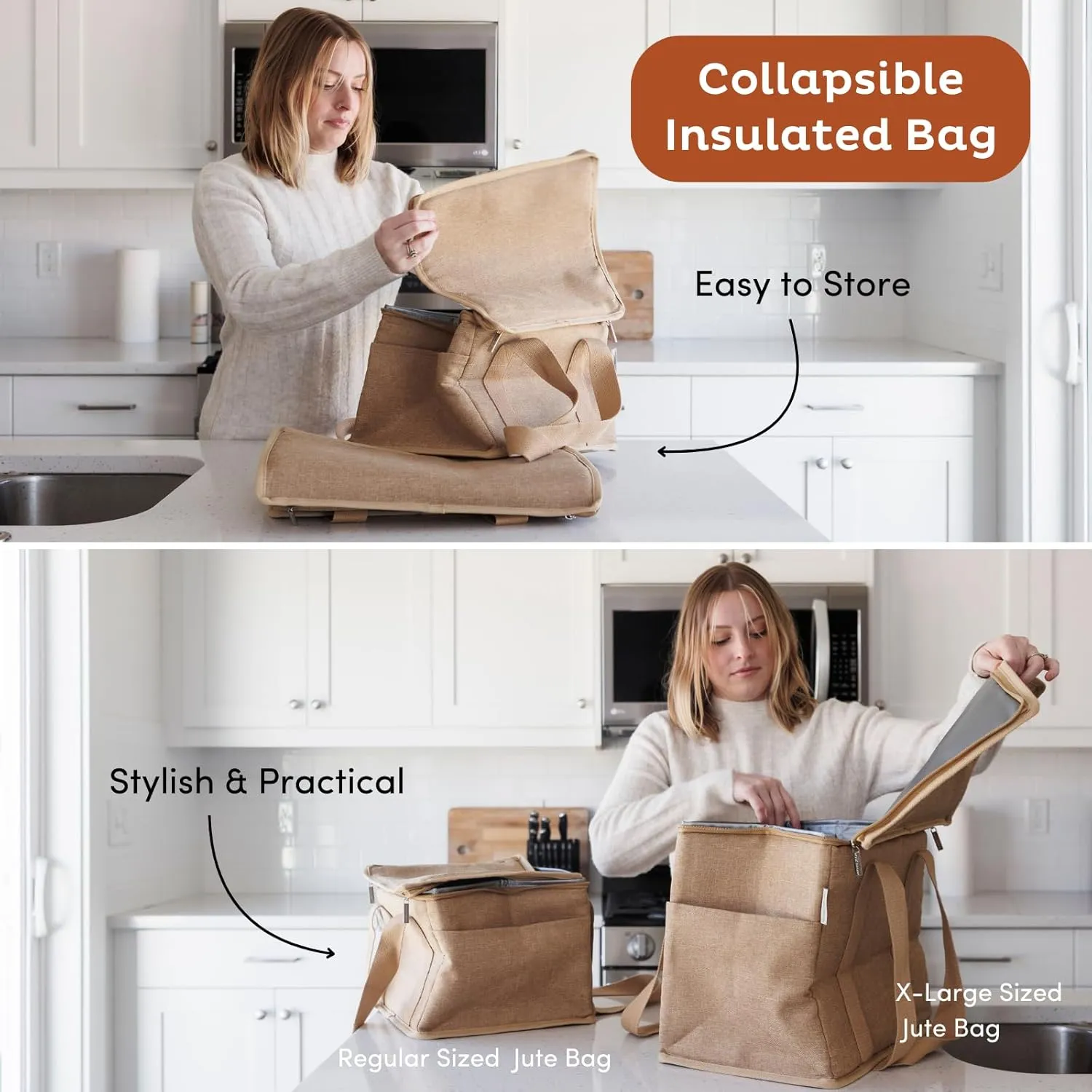 Nook Theory Insulated Grocery Bags, Regular Reusable Grocery Bag with Zipper, Leak Proof Cooler Bag for Frozen and Hot Food, Perfect for Picnic and Travel (Jute)