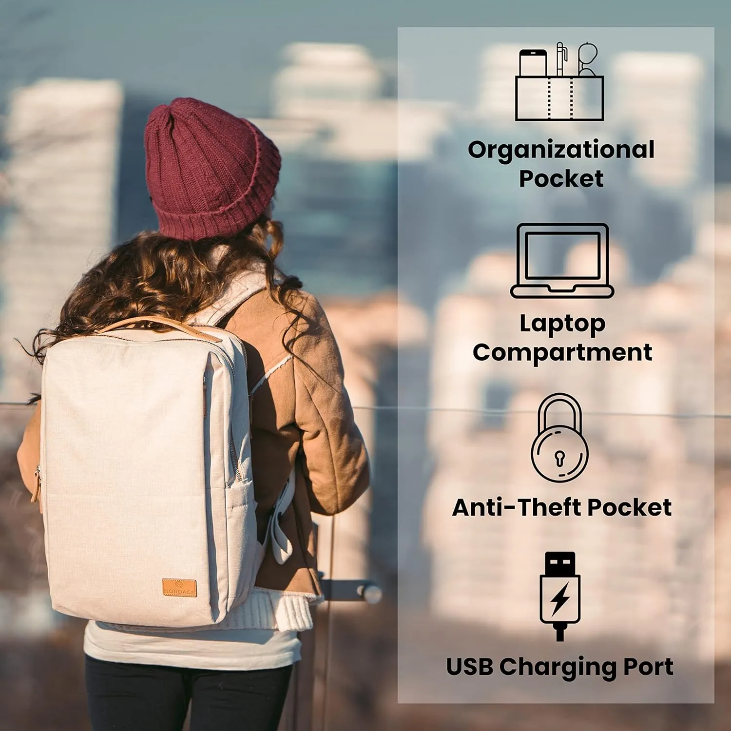 Nordace Siena Smart Backpack with USB Charging - 15.6 Inch Laptop Backpack, 19L Daily Backpack for Travel, Everyday, or Work (Beige)