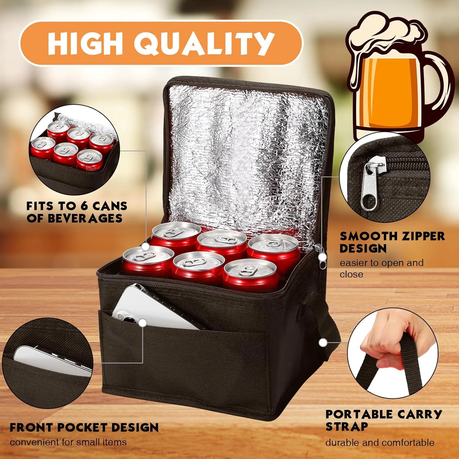 Nuogo 15 Pack Insulated Lunch Bags Bulk, Reusable Cooler Boxes, Leakproof Lunch Boxes Set, Waterproof Thermal Coolers, Insulated Beverage Bag for Women Men Work School Picnic Beach(Brown)