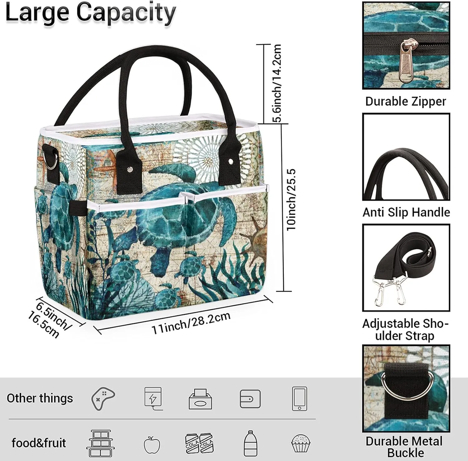 Ocean Sea Turtles Lunch Bag Large Lunch Tote Bag, Leakproof Reusable Insulated Lunch Box Organizer for Work School Picnic Beach Hiking, Cooler Bag with Adjustable Shoulder Strap for Women Men…