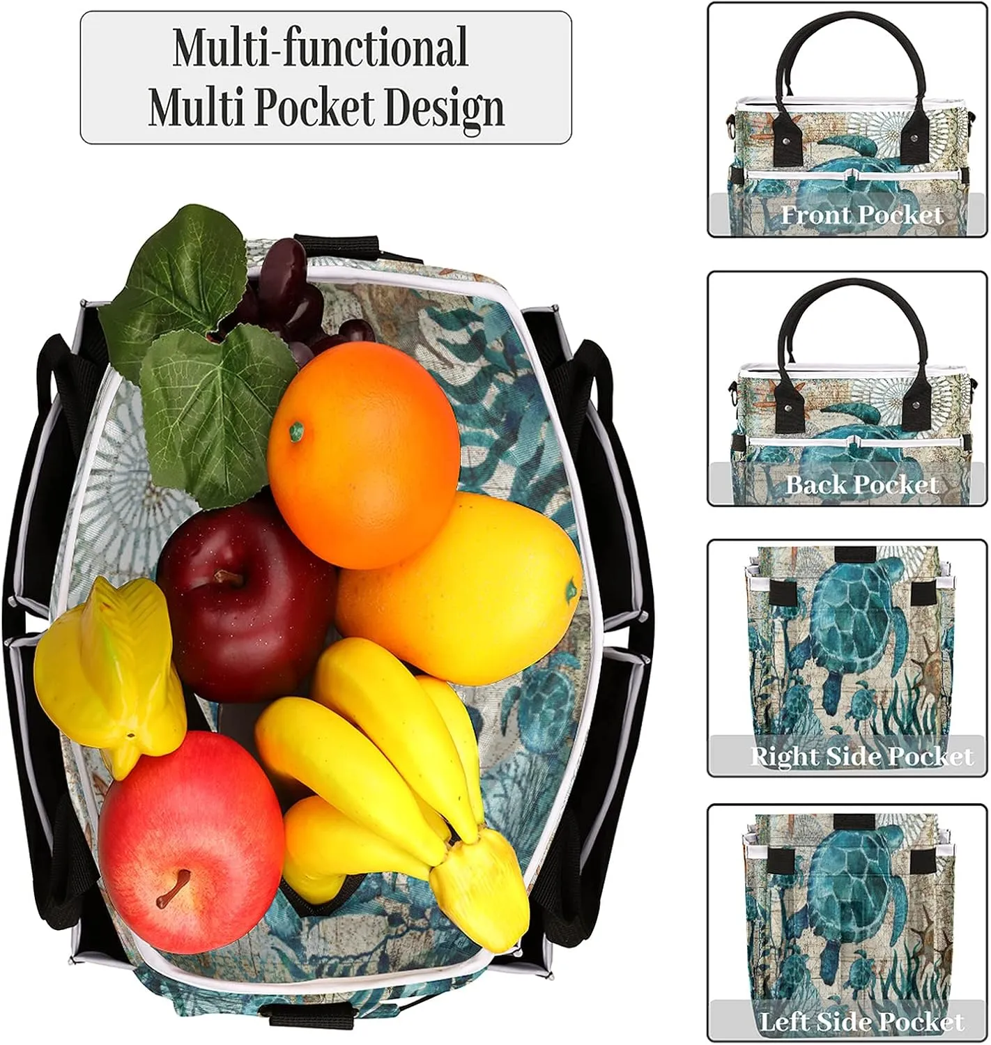 Ocean Sea Turtles Lunch Bag Large Lunch Tote Bag, Leakproof Reusable Insulated Lunch Box Organizer for Work School Picnic Beach Hiking, Cooler Bag with Adjustable Shoulder Strap for Women Men…