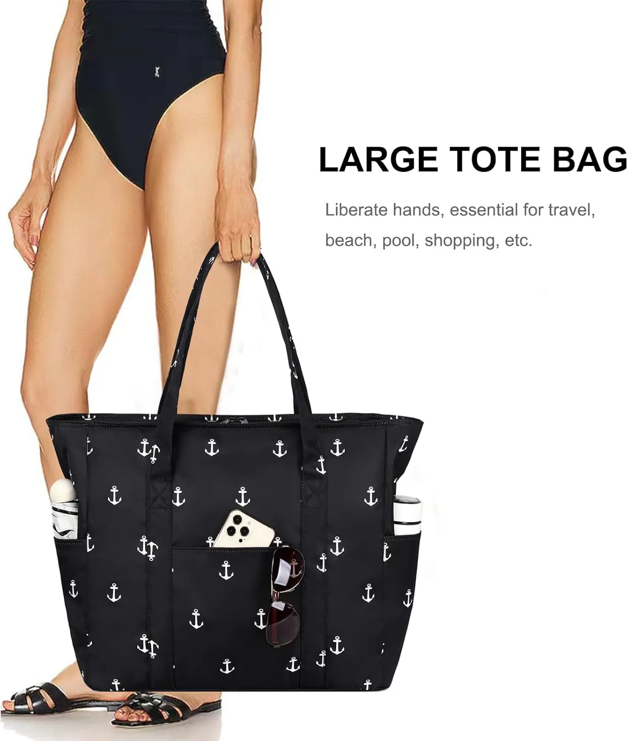 Octsky Roomy Beach Bags for Women - Waterproof Sandproof Beach Tote with Dual Zipper and Wet Pocket - 3 Outside Pockets