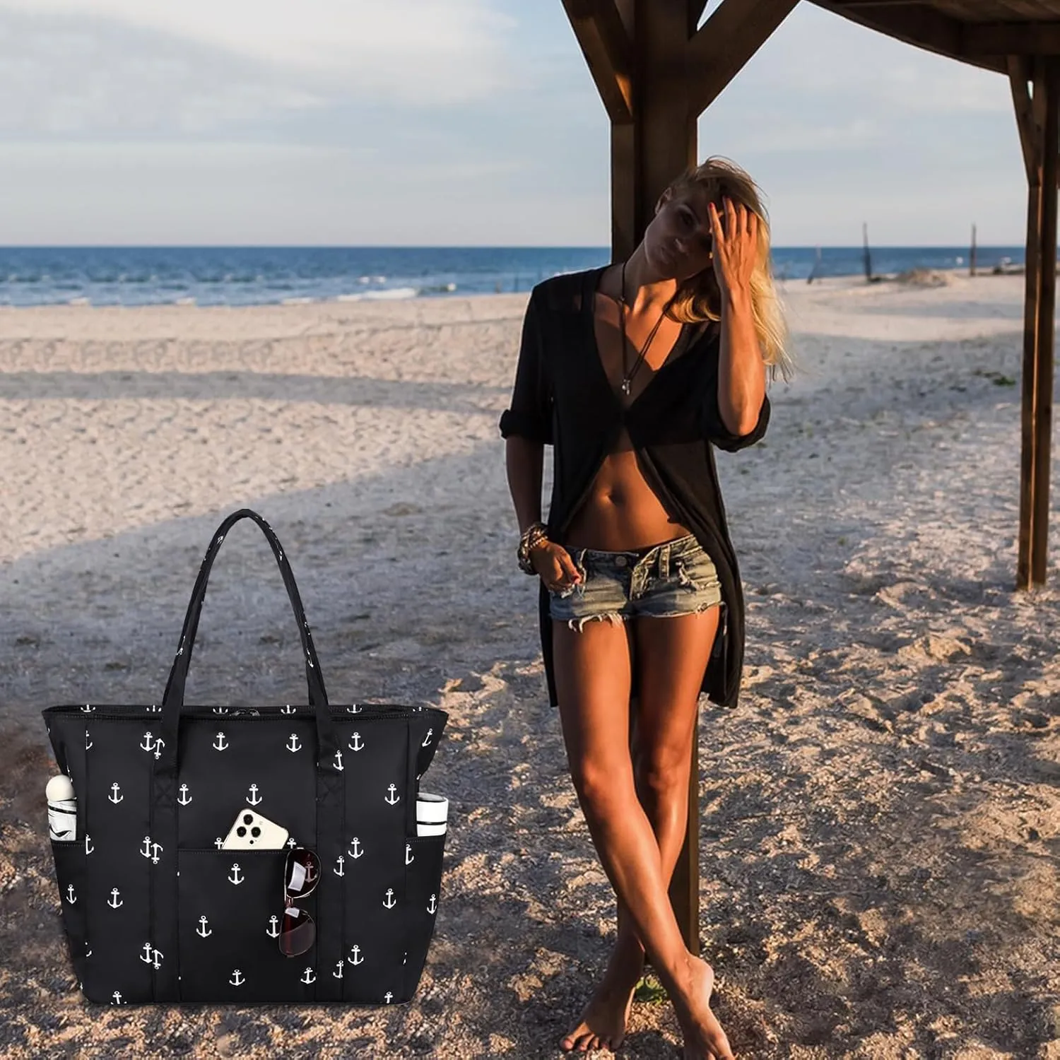 Octsky Roomy Beach Bags for Women - Waterproof Sandproof Beach Tote with Dual Zipper and Wet Pocket - 3 Outside Pockets